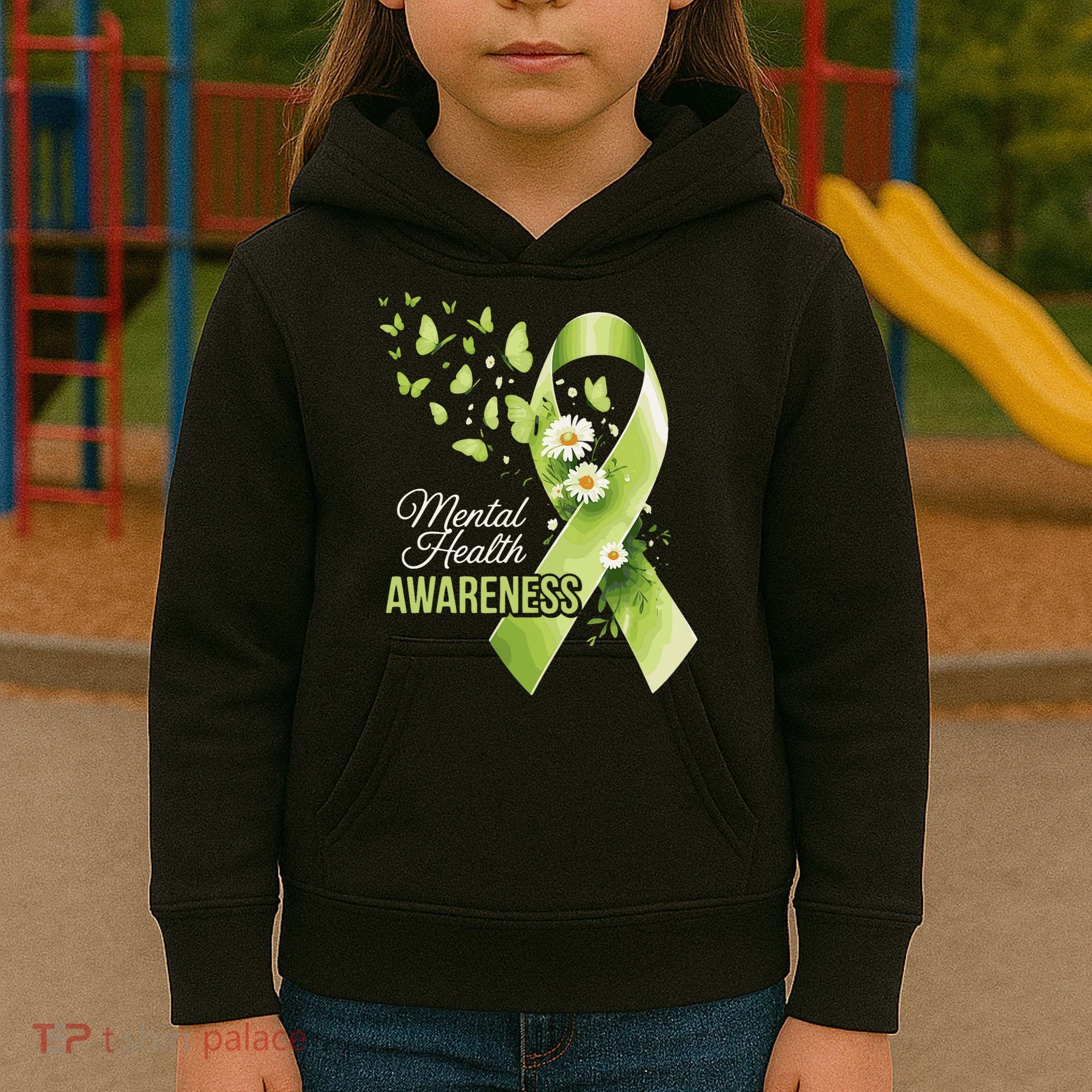 Mental Health Awareness Butterfly Green Ribbon  Kids Hoodie