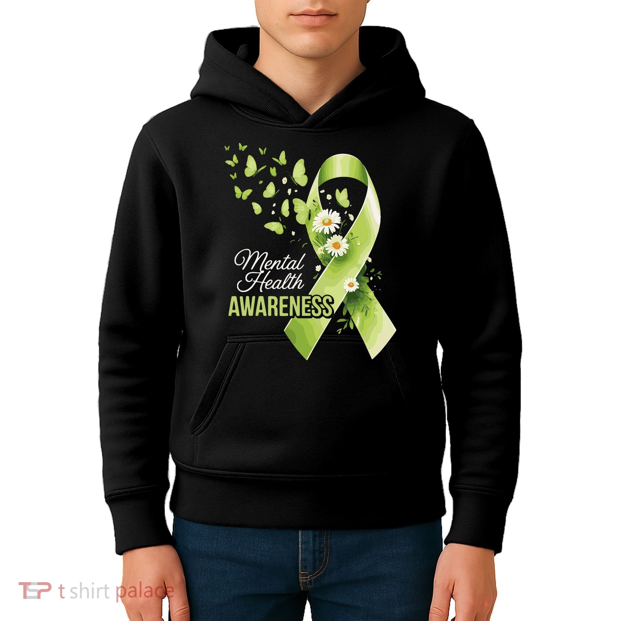 Mental Health Awareness Butterfly Green Ribbon  Kids Hoodie