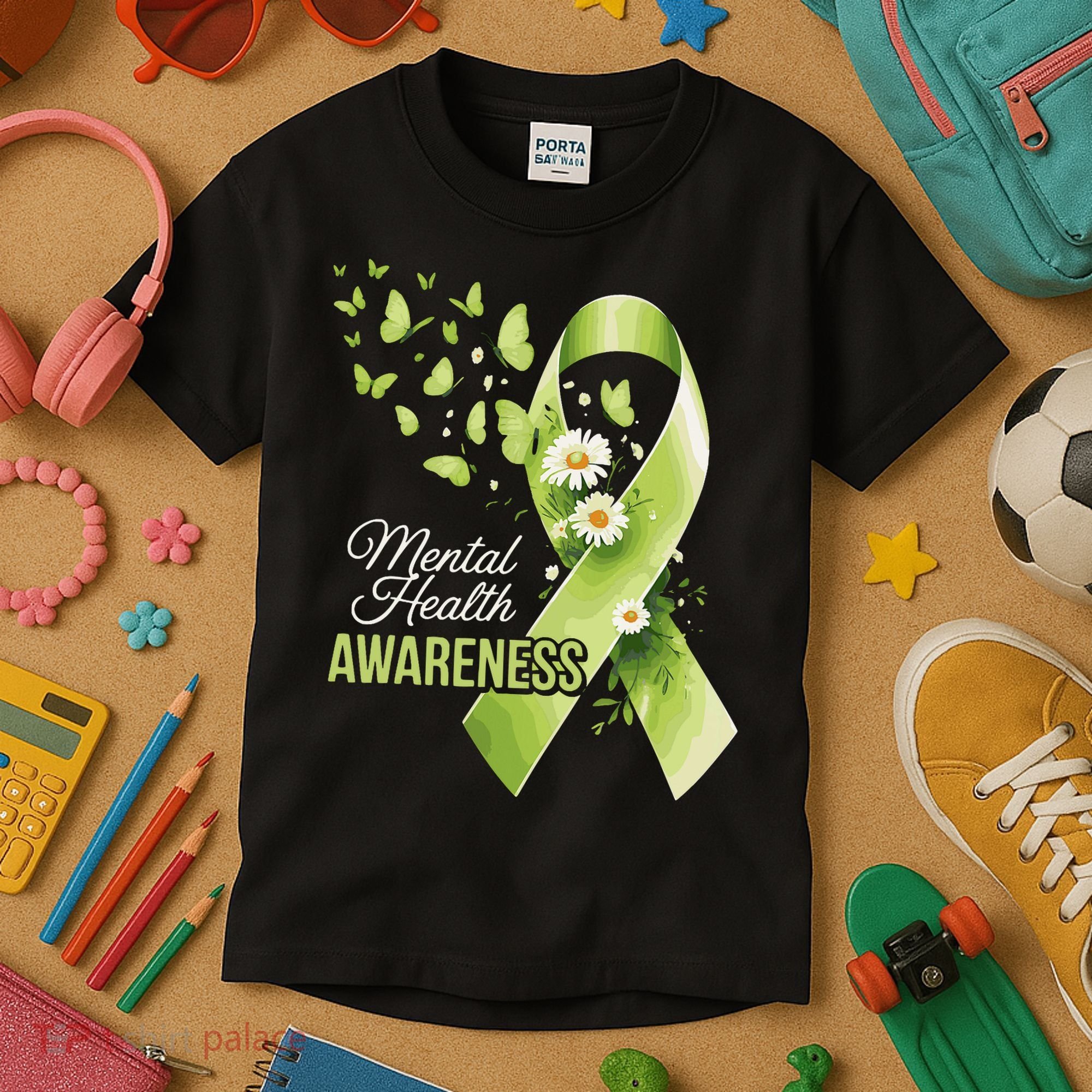 Mental Health Awareness Butterfly Green Ribbon  Kids T-Shirt