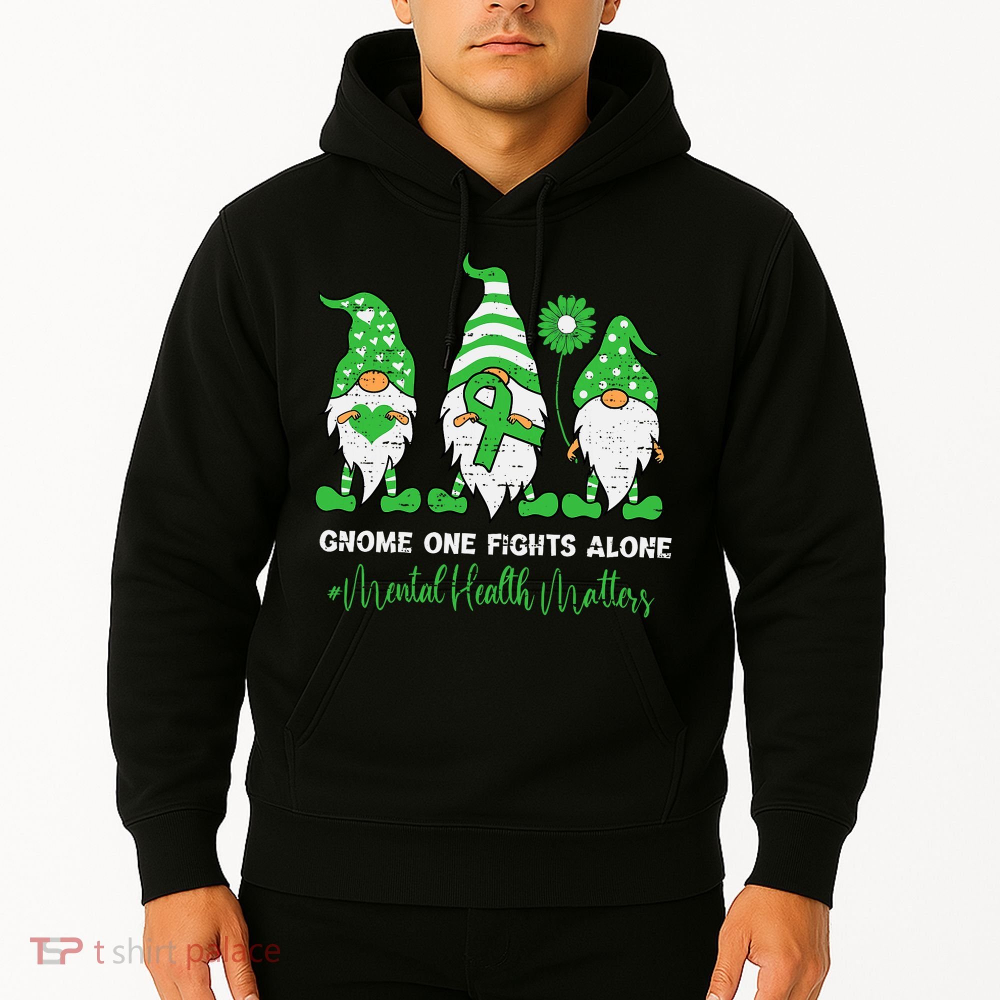 Mental Health Awareness Support Squad Gnome Green Ribbon Hoodie