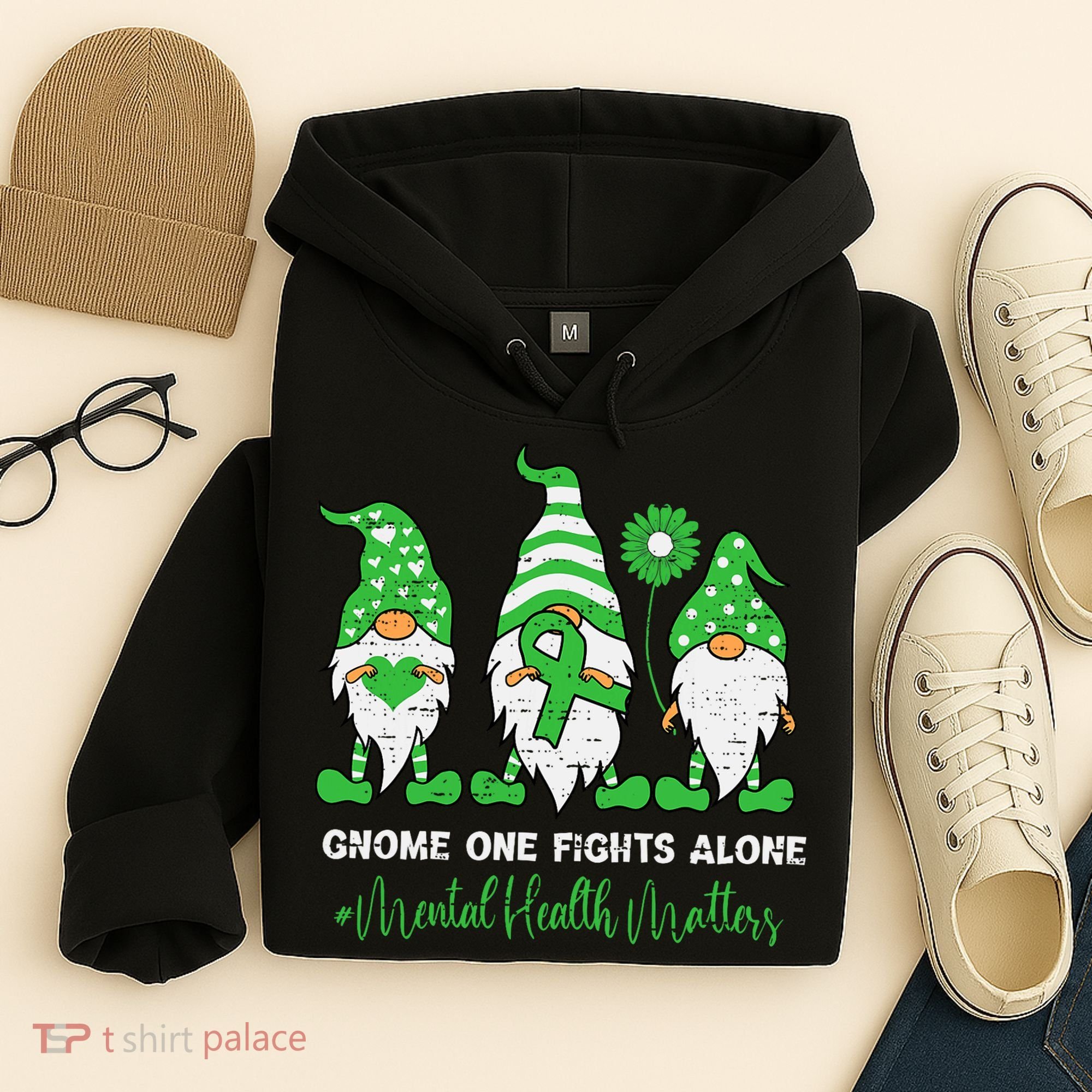 Mental Health Awareness Support Squad Gnome Green Ribbon Hoodie