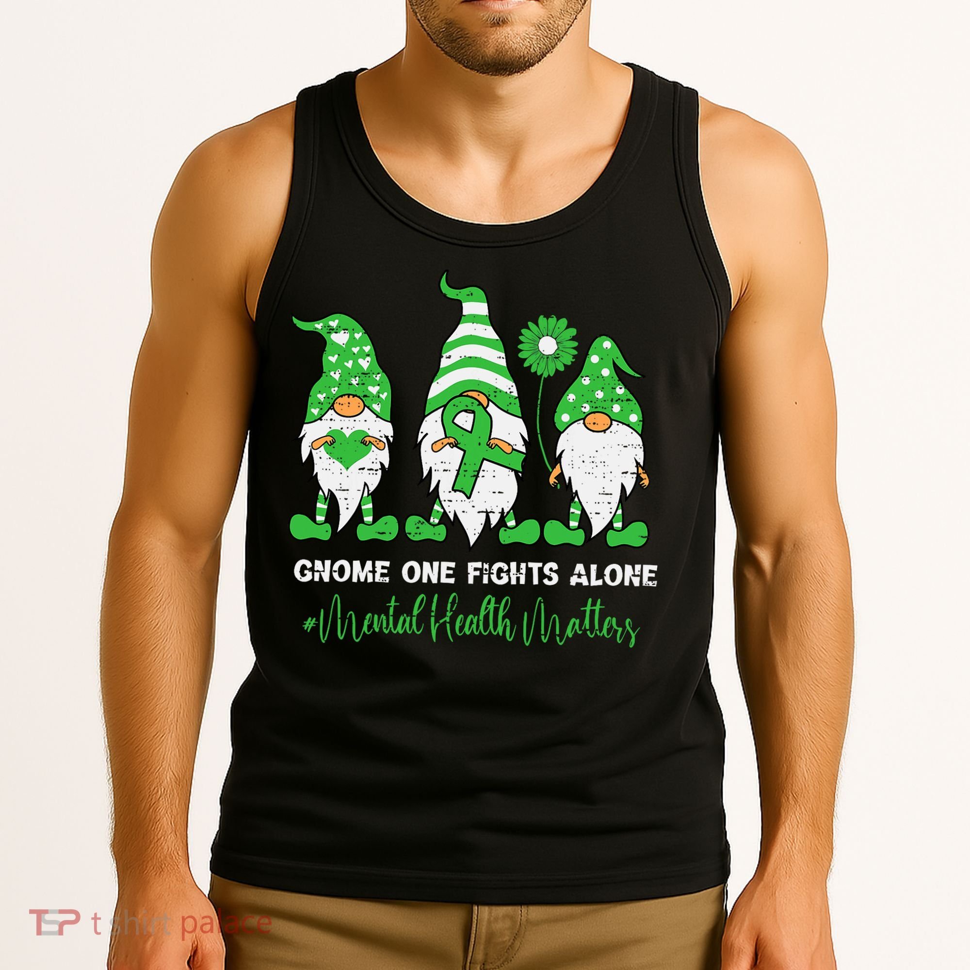 Mental Health Awareness Support Squad Gnome Green Ribbon Tank Top