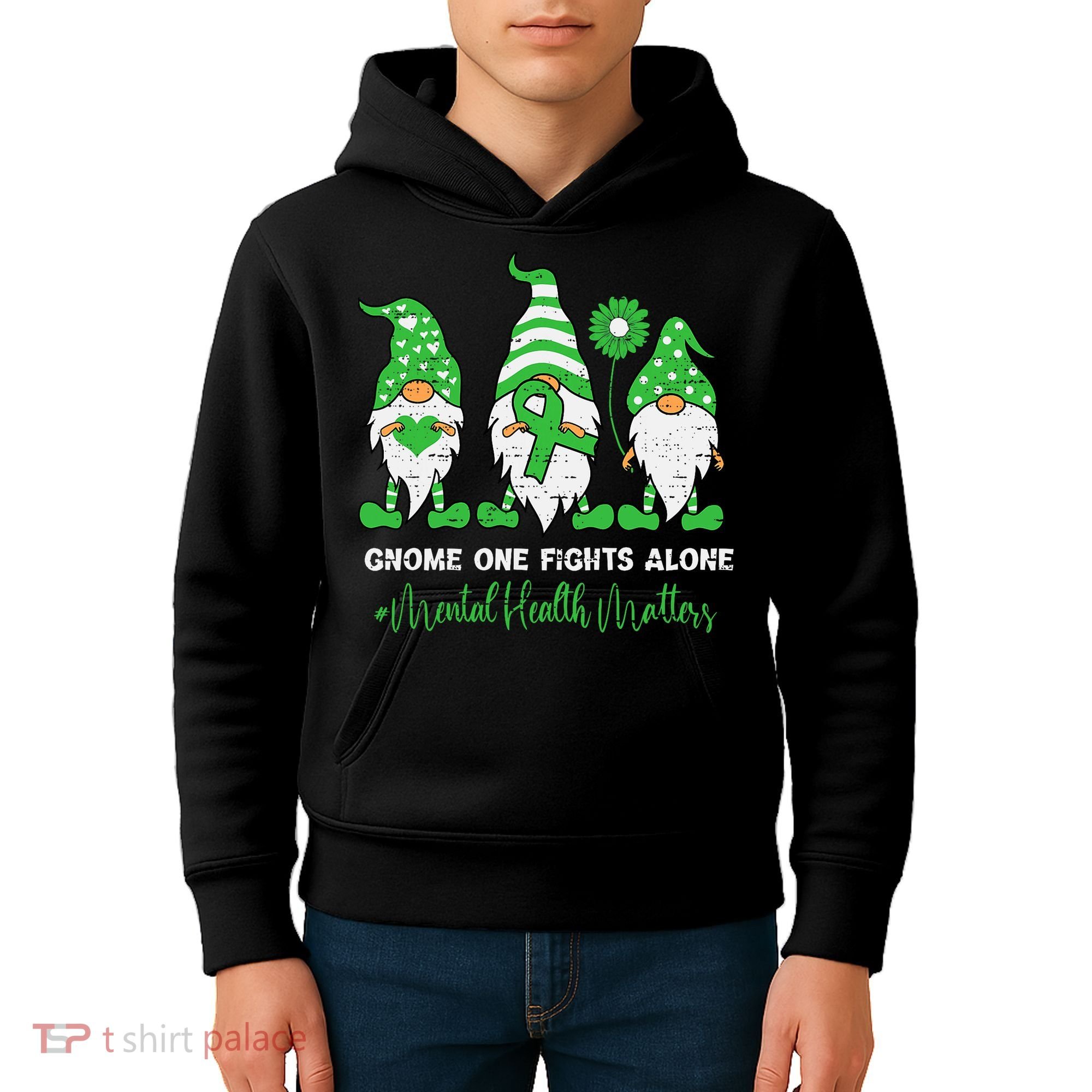 Mental Health Awareness Support Squad Gnome Green Ribbon Kids Hoodie