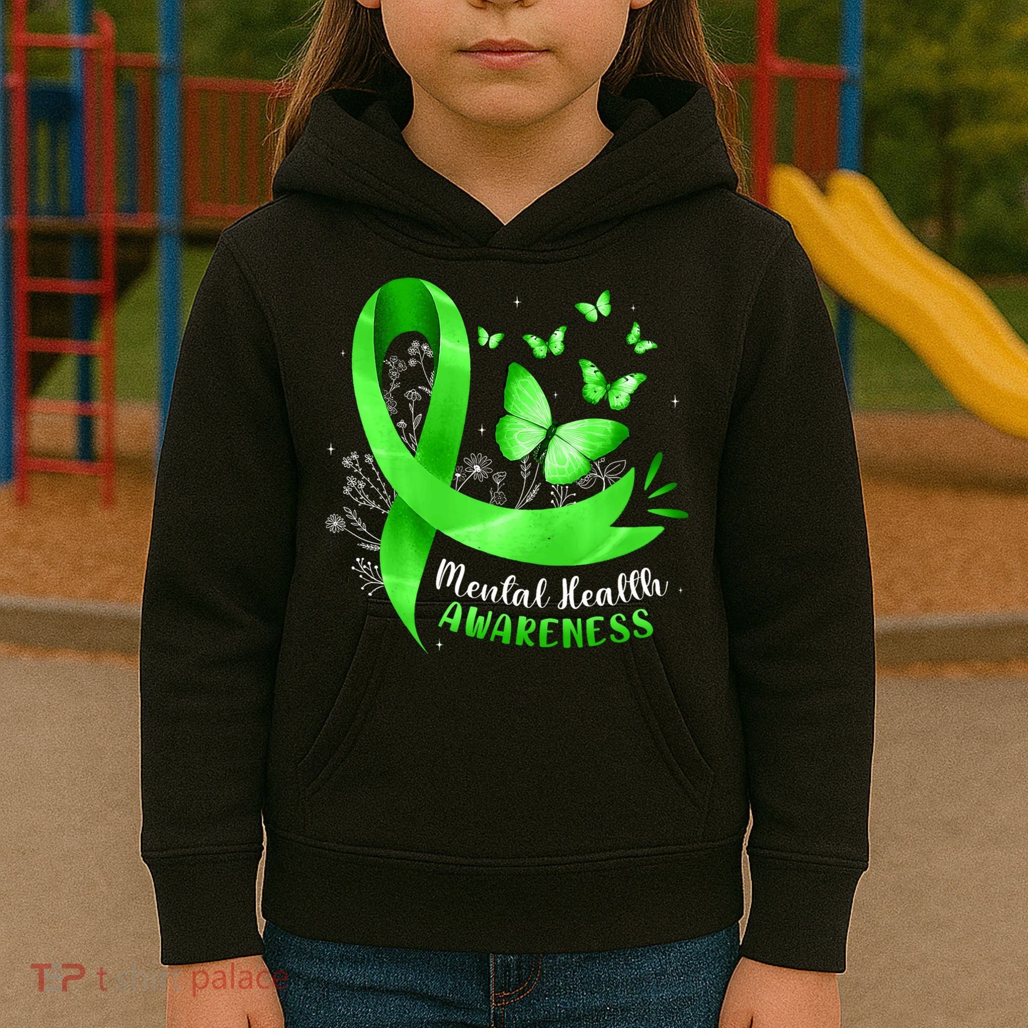 Mental Health Awareness Butterfly Green Ribbon  Kids Hoodie