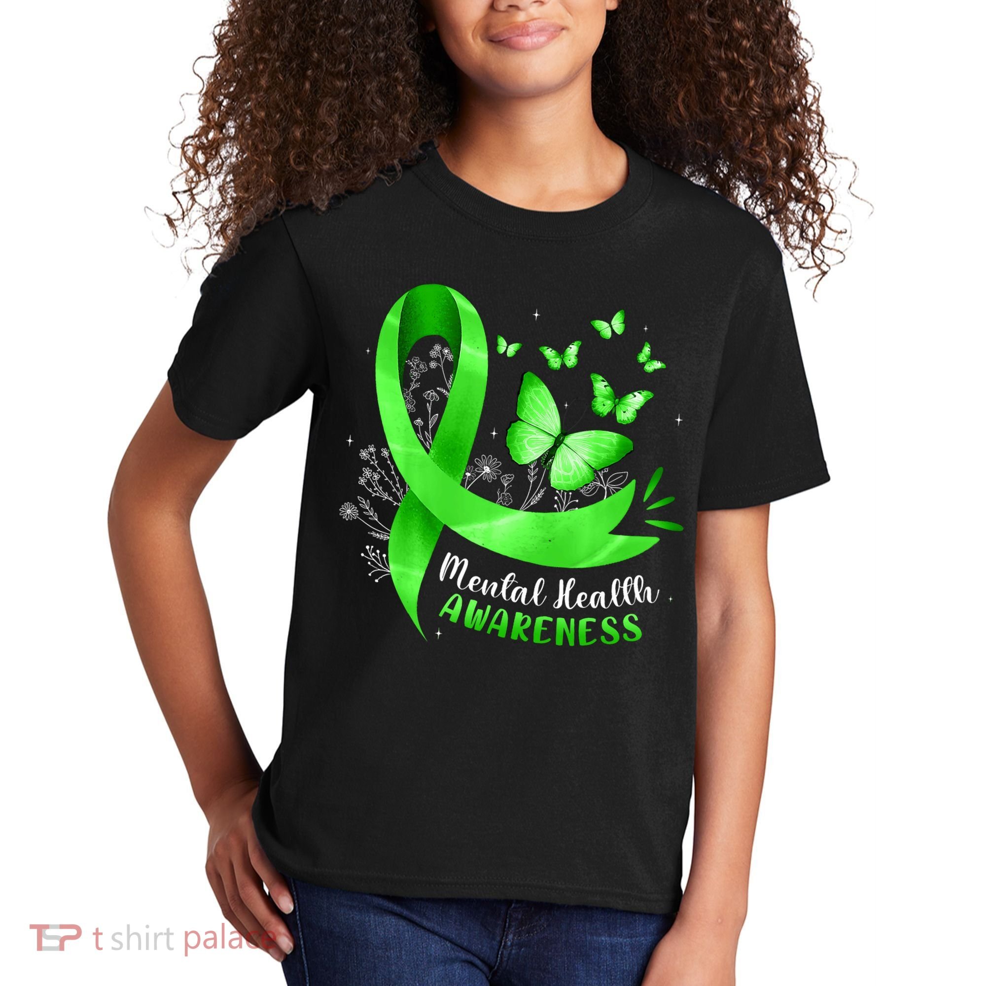 Mental Health Awareness Butterfly Green Ribbon  Kids T-Shirt