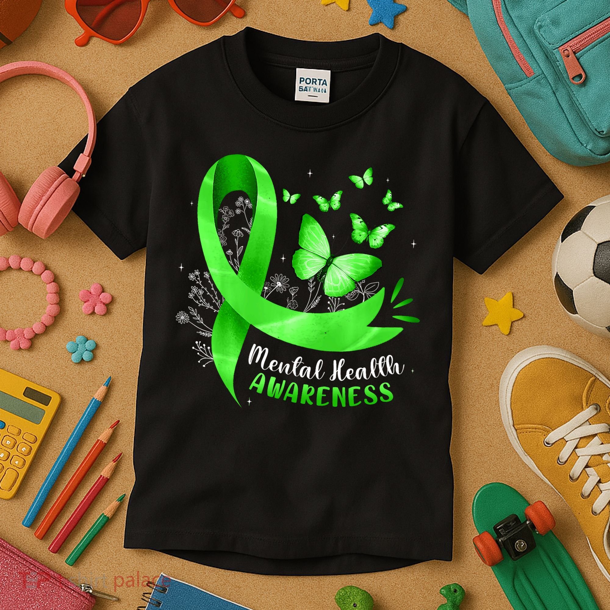 Mental Health Awareness Butterfly Green Ribbon  Kids T-Shirt