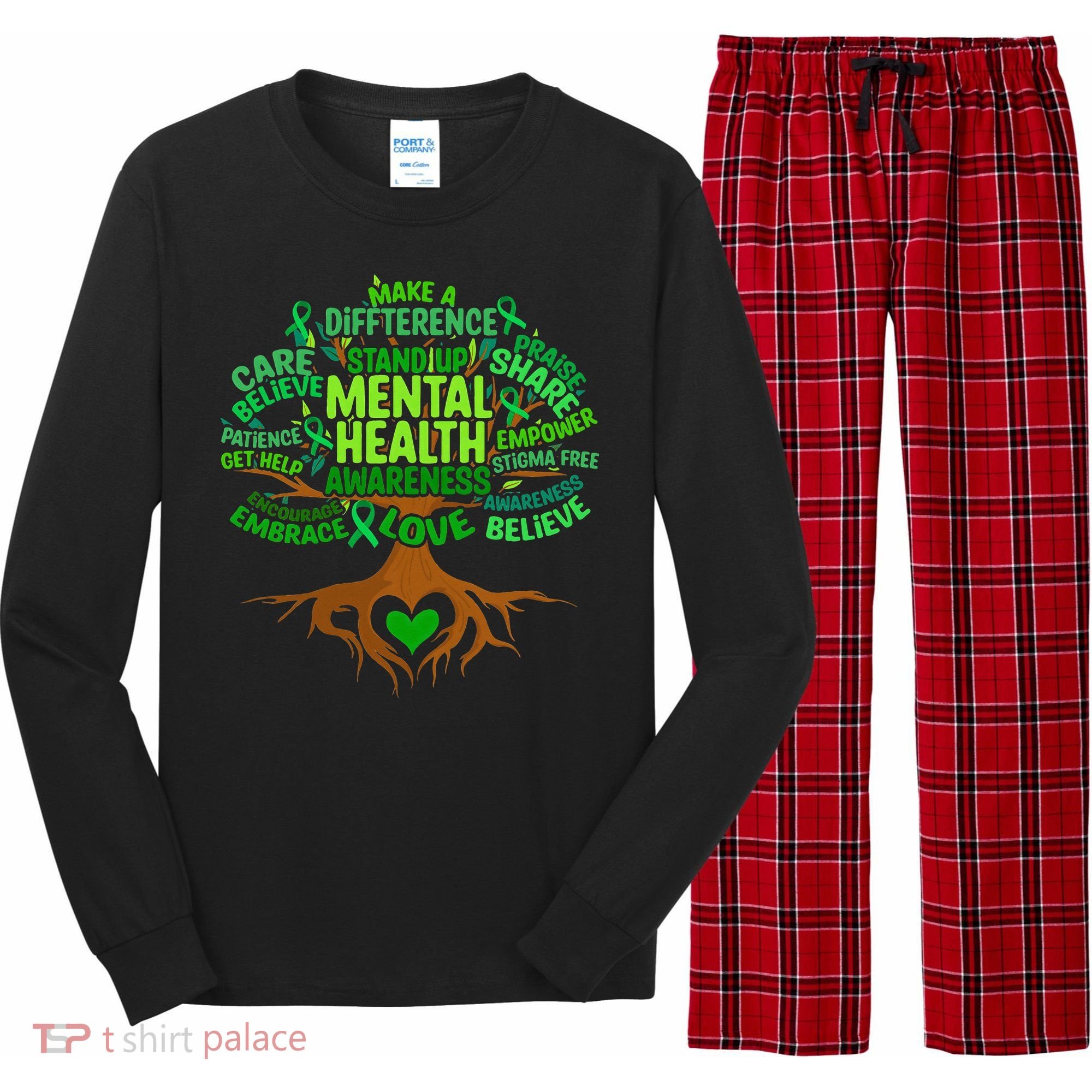 Mental Health Awareness Tree Drawing Word Long Sleeve Pajama Set