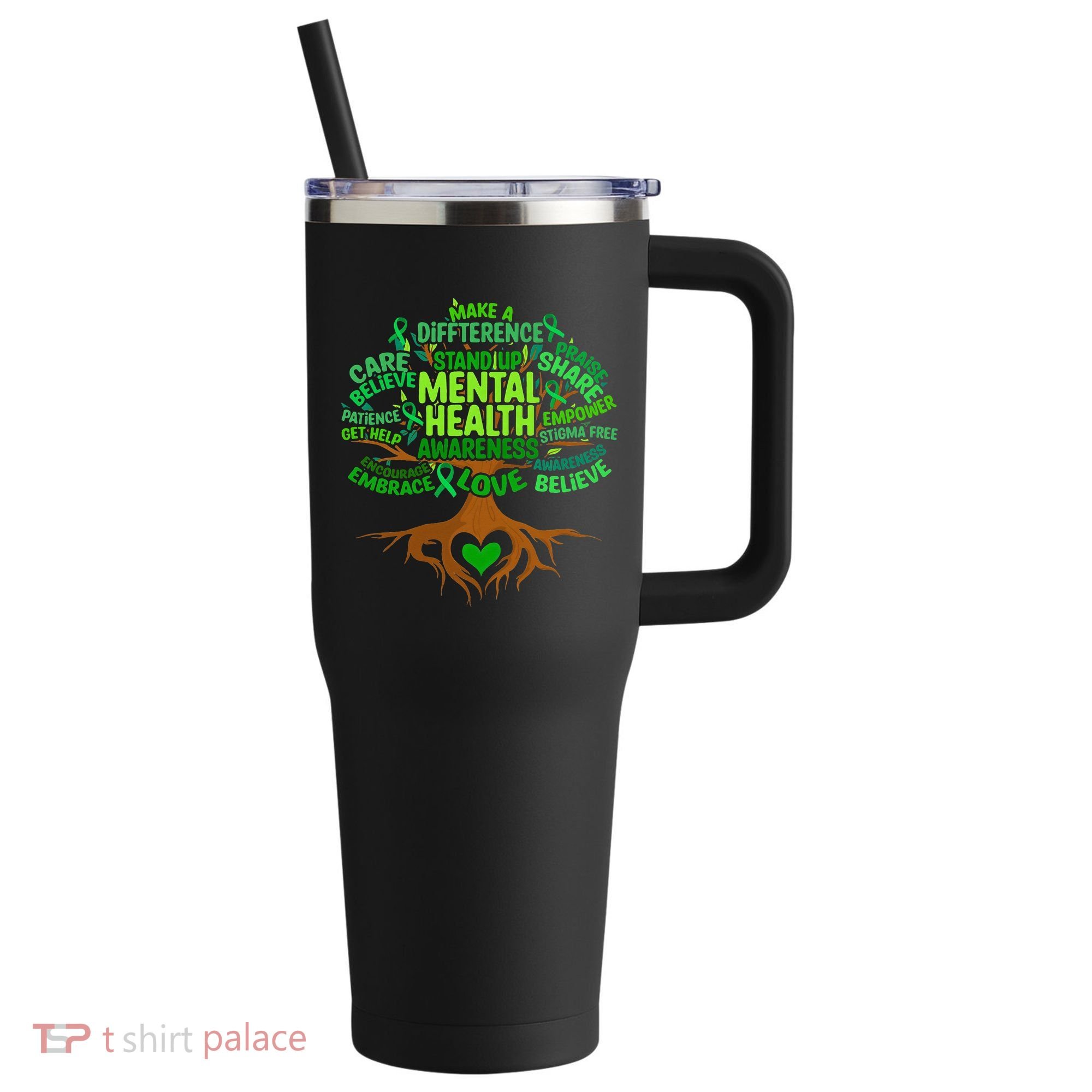 Mental Health Awareness Tree Drawing Word 40oz Vacuum Insulated Stainless Steel Travel Tumbler