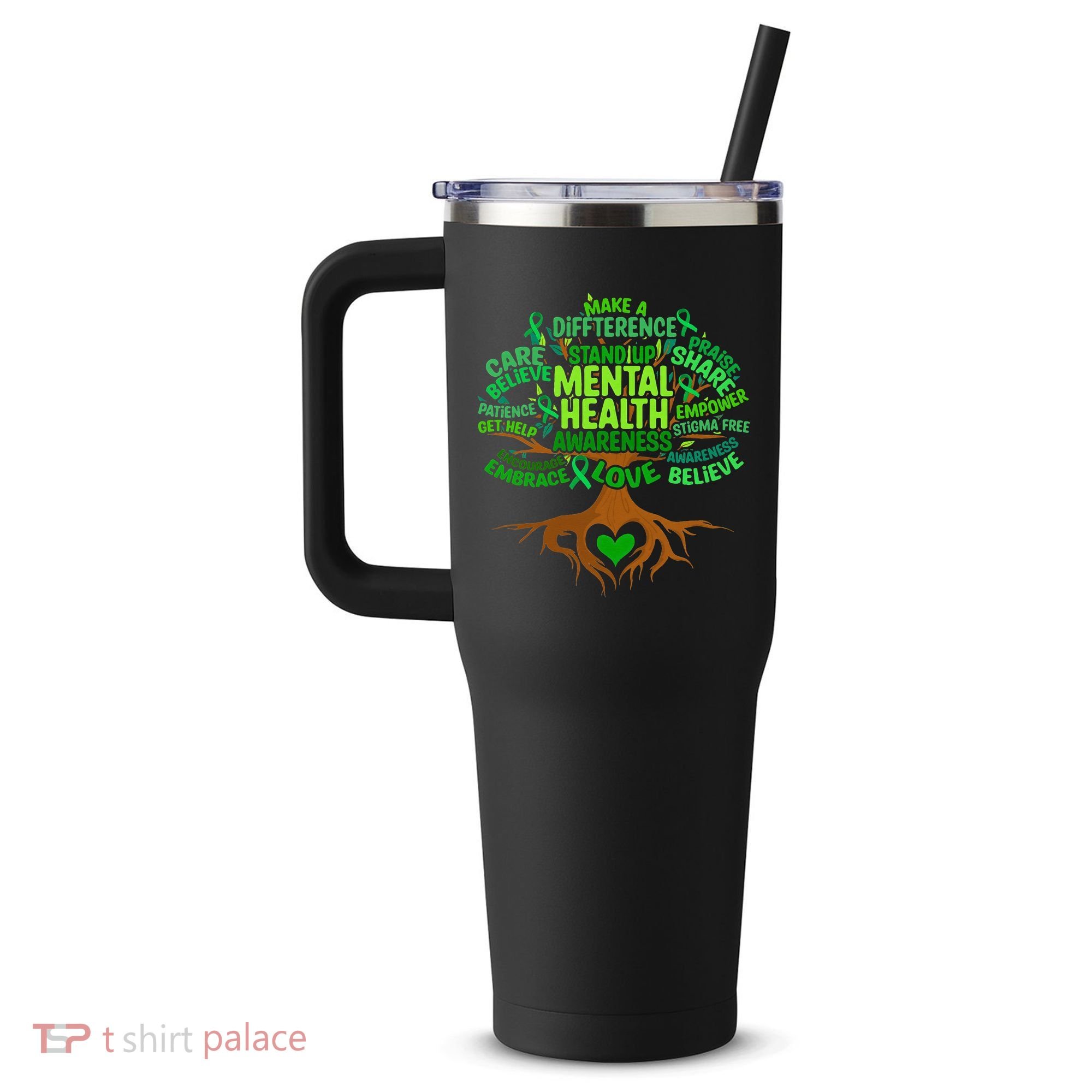 Mental Health Awareness Tree Drawing Word 40oz Vacuum Insulated Stainless Steel Travel Tumbler