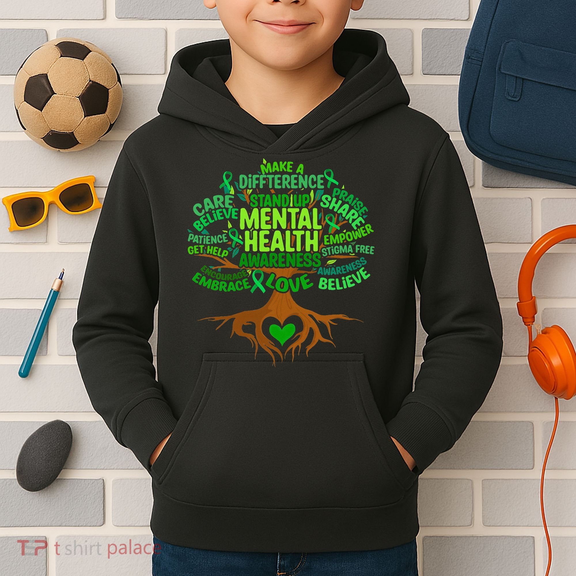 Mental Health Awareness Tree Drawing Word Kids Hoodie