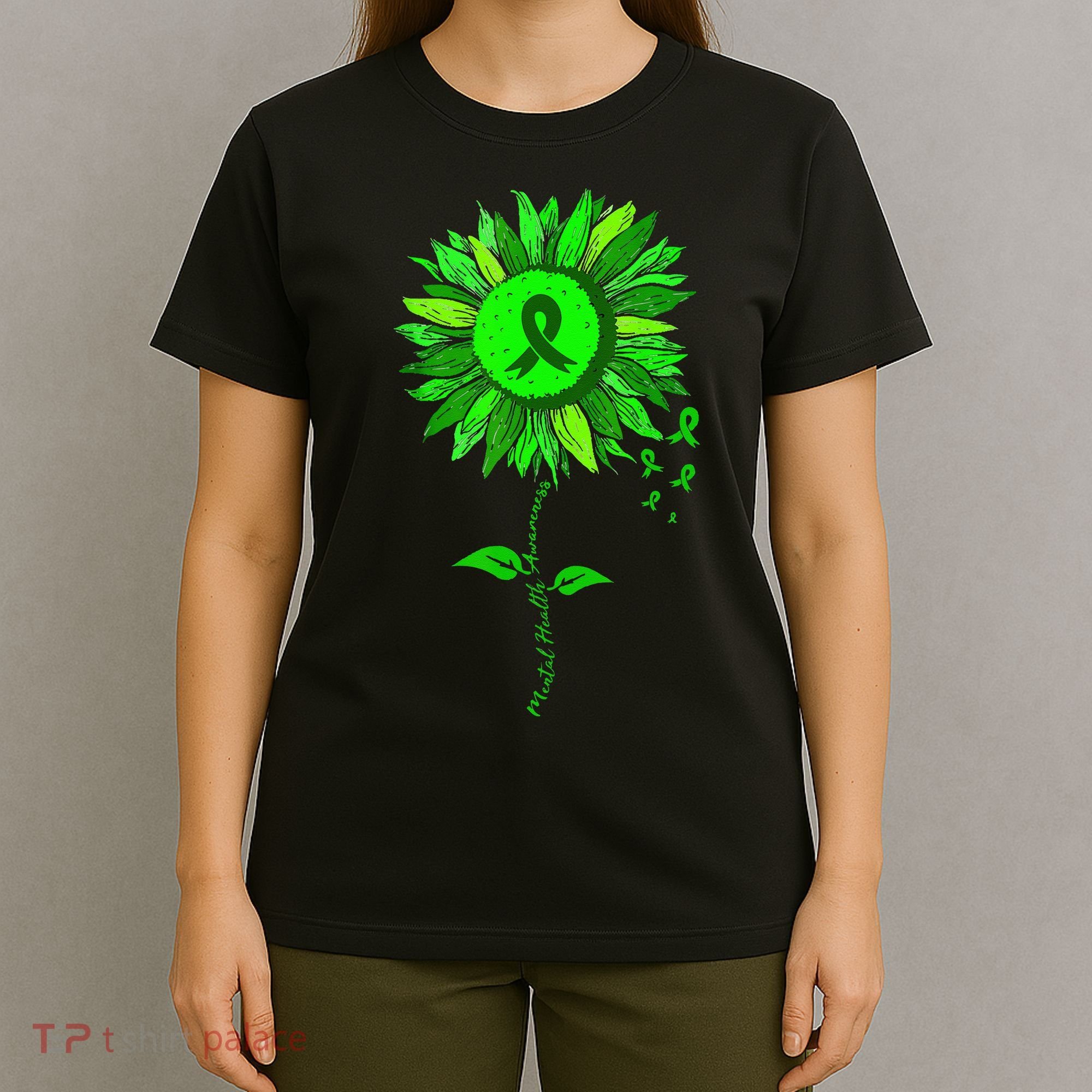 Mental Health Awareness Sunflower Green Ribbon Stigma T-Shirt