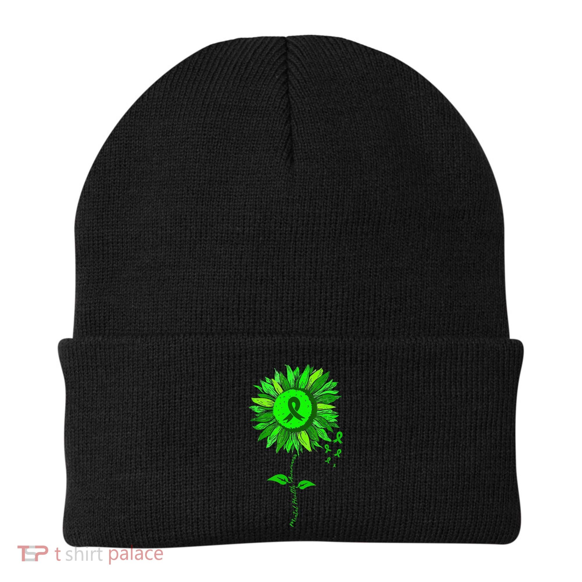 Mental Health Awareness Sunflower Green Ribbon Stigma Beanie