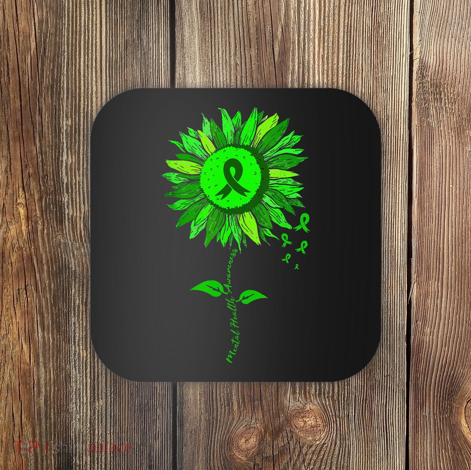 Mental Health Awareness Sunflower Green Ribbon Stigma Coaster