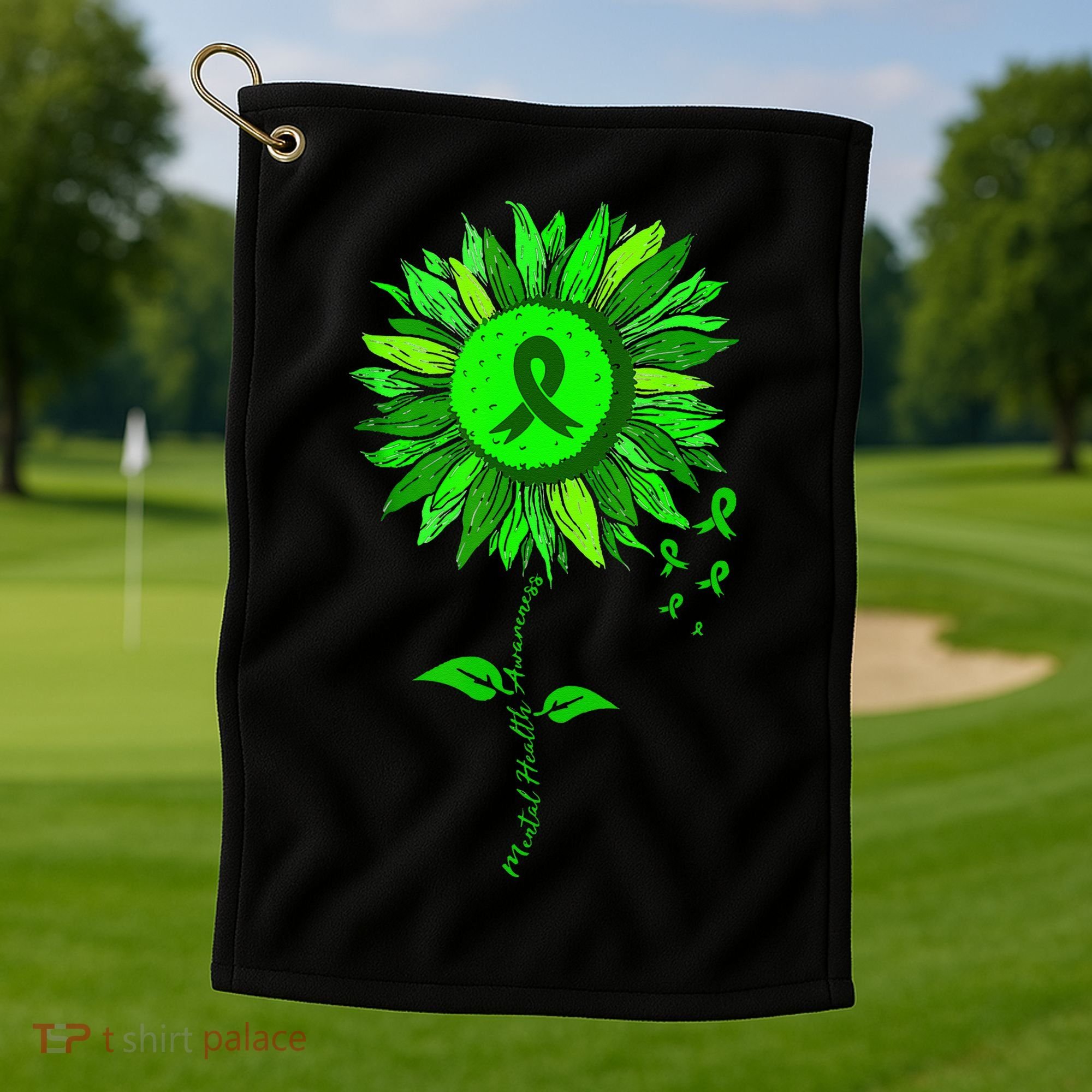 Mental Health Awareness Sunflower Green Ribbon Stigma Golf Towel