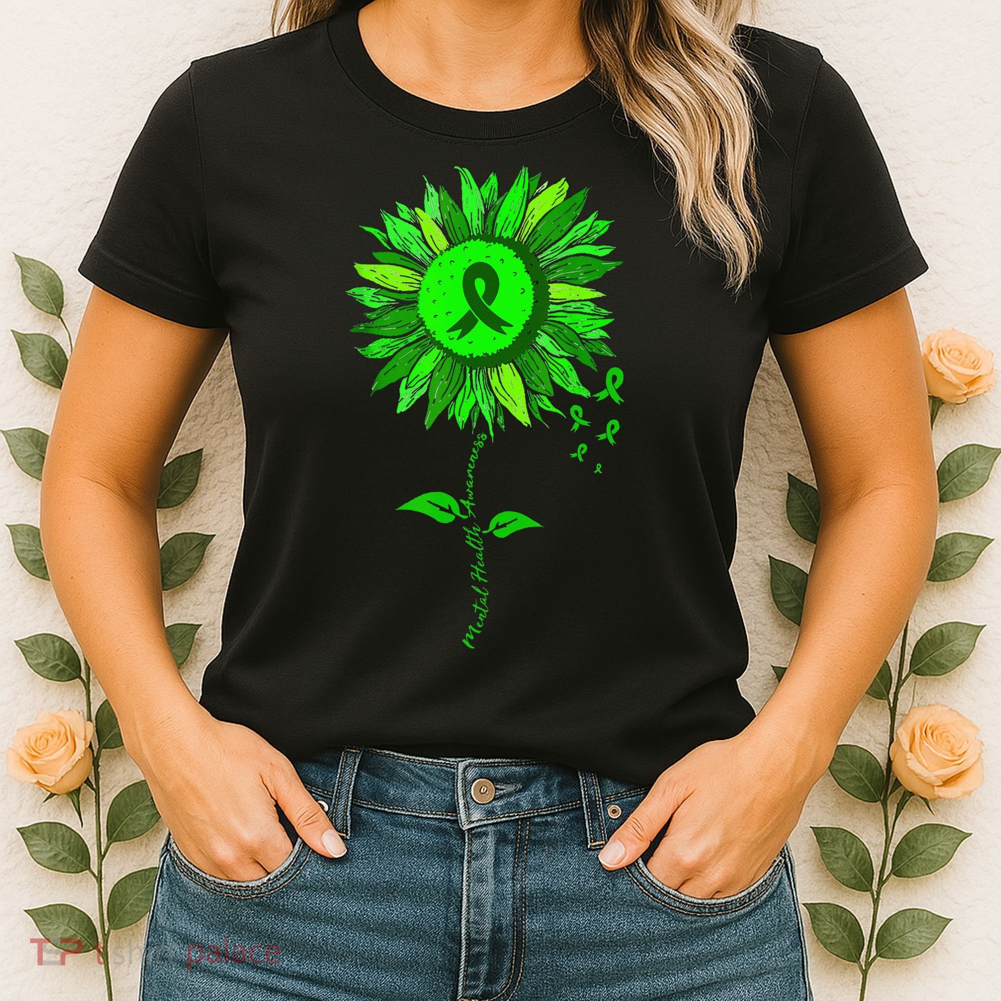 Mental Health Awareness Sunflower Green Ribbon Stigma Women's T-Shirt