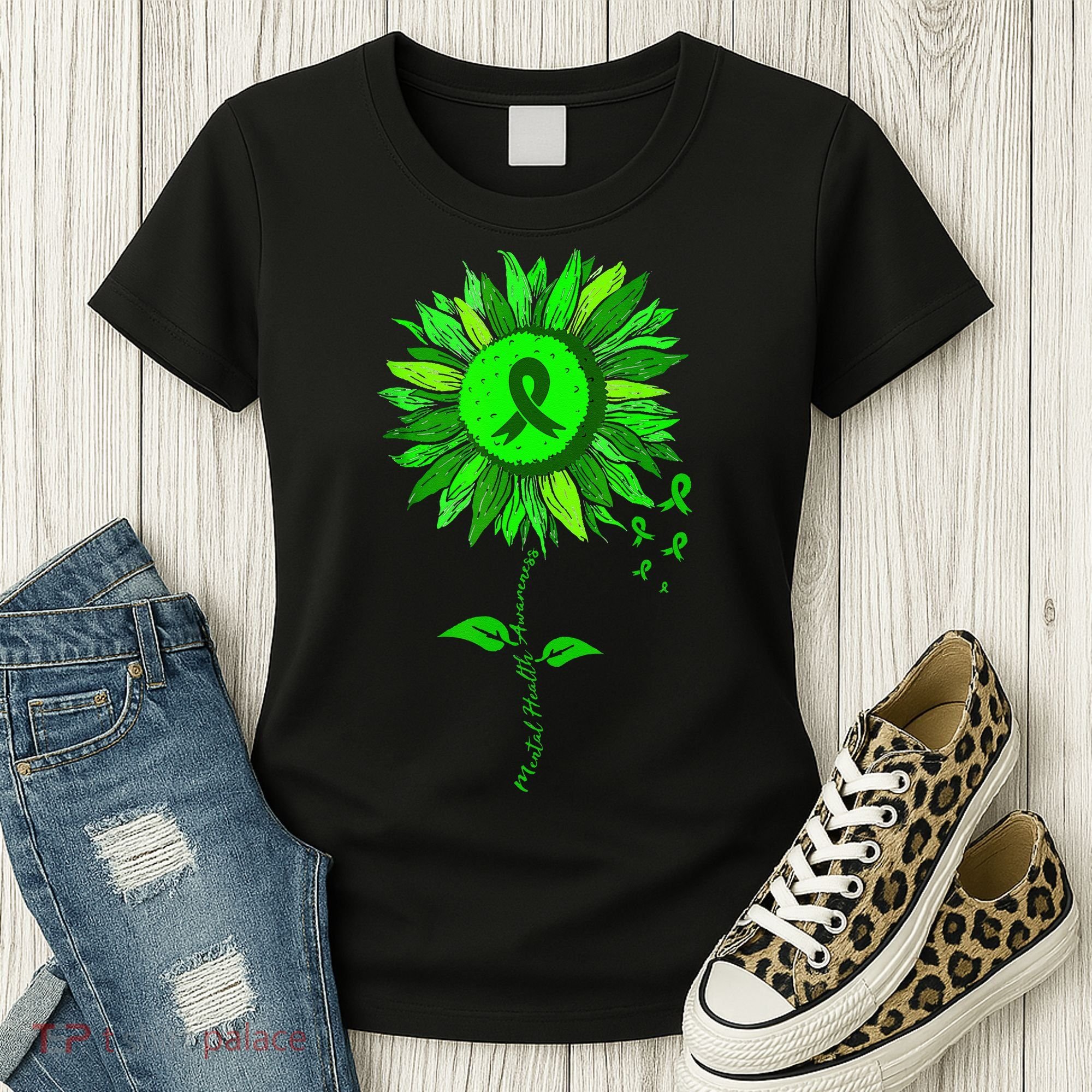 Mental Health Awareness Sunflower Green Ribbon Stigma Women's T-Shirt