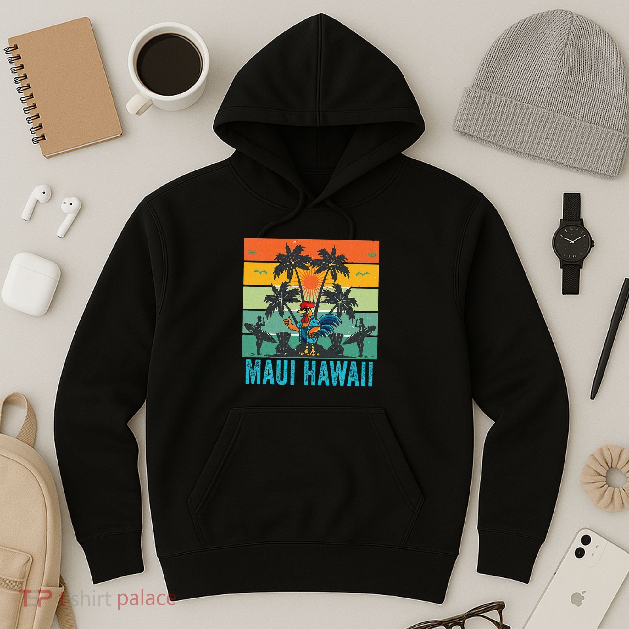 Maui Hawaii Beach Coconut Rooster Hoodie