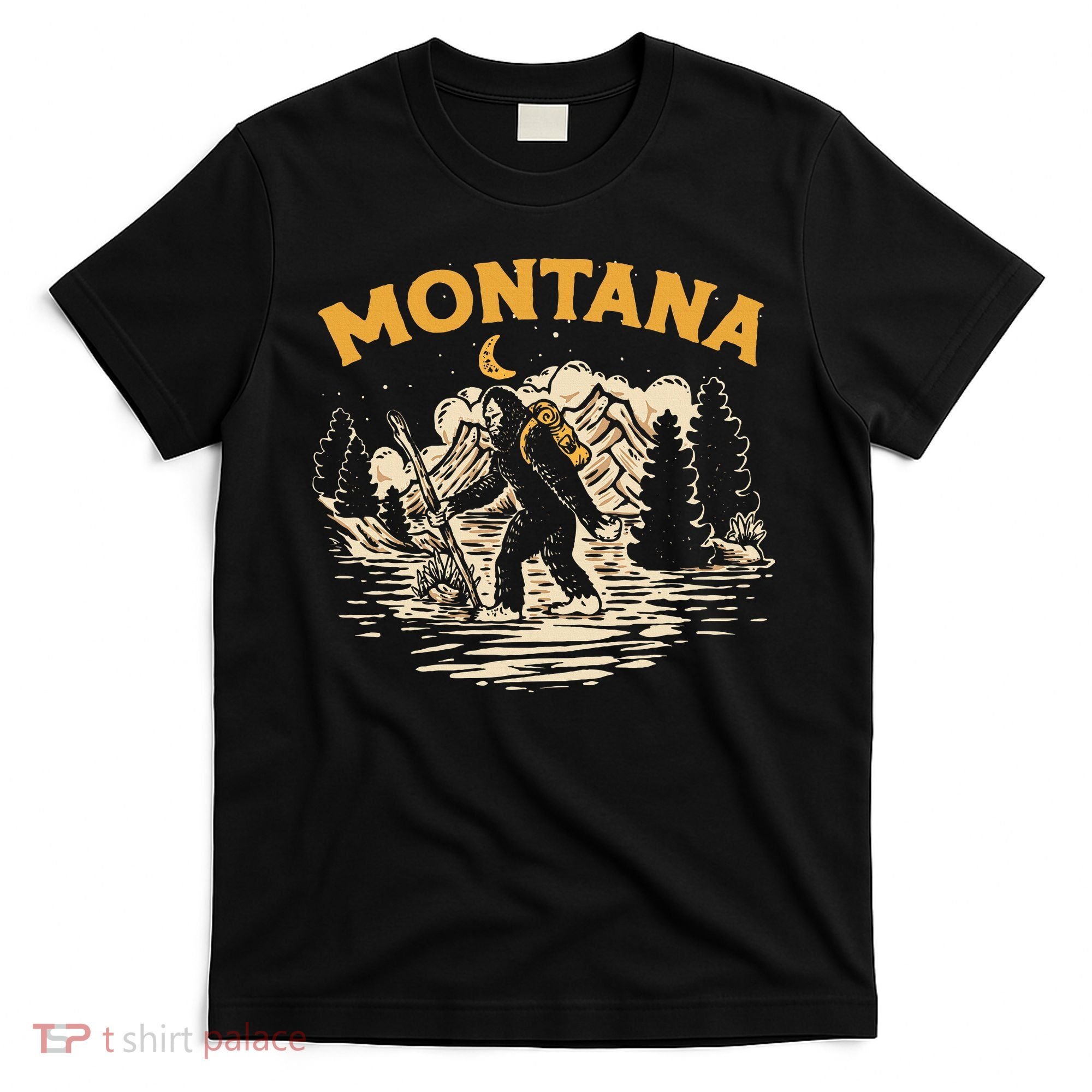 Montana Hiking Bigfoot Nighttime Stroll Mountains & Stars T-Shirt