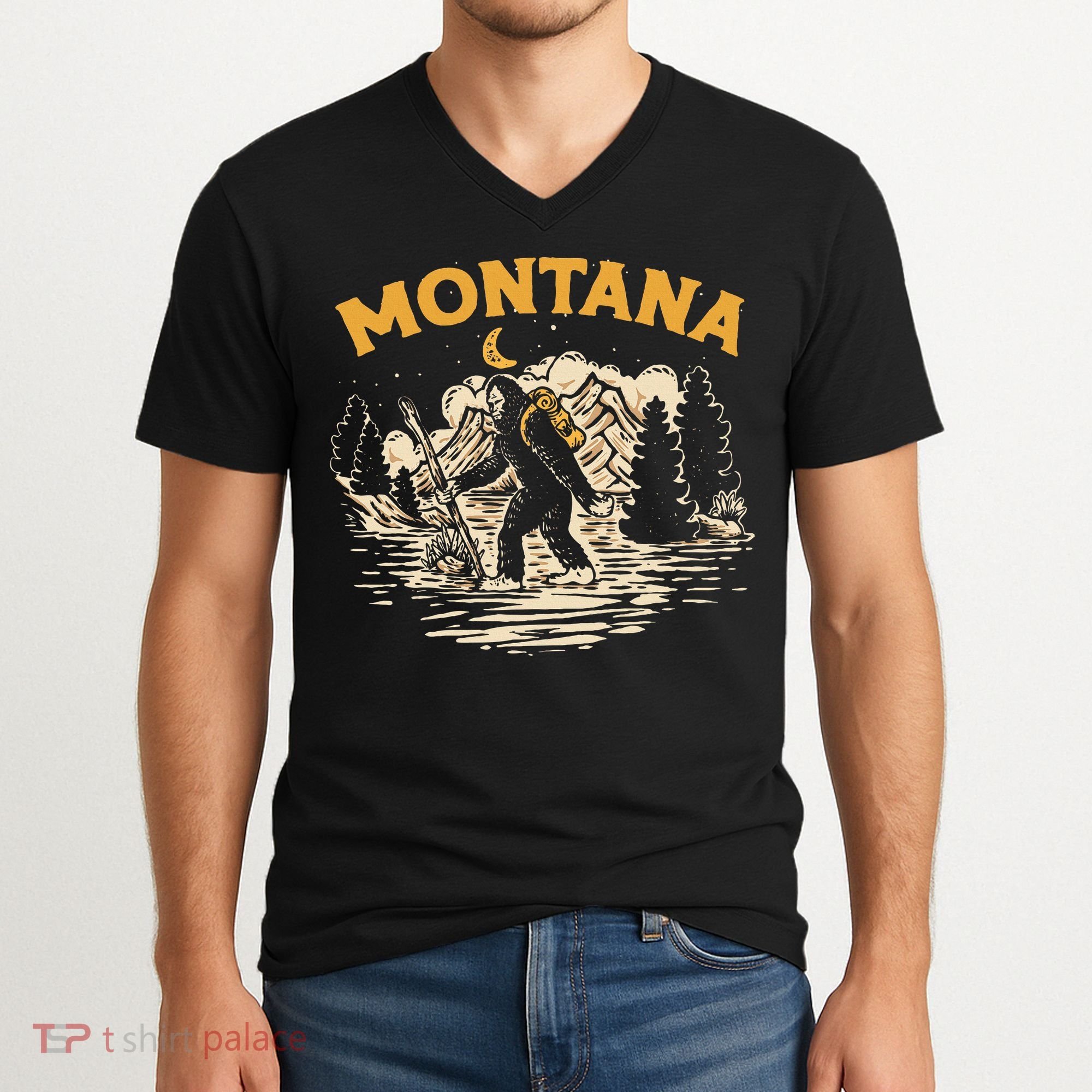 Montana Hiking Bigfoot Nighttime Stroll Mountains & Stars V-Neck T-Shirt