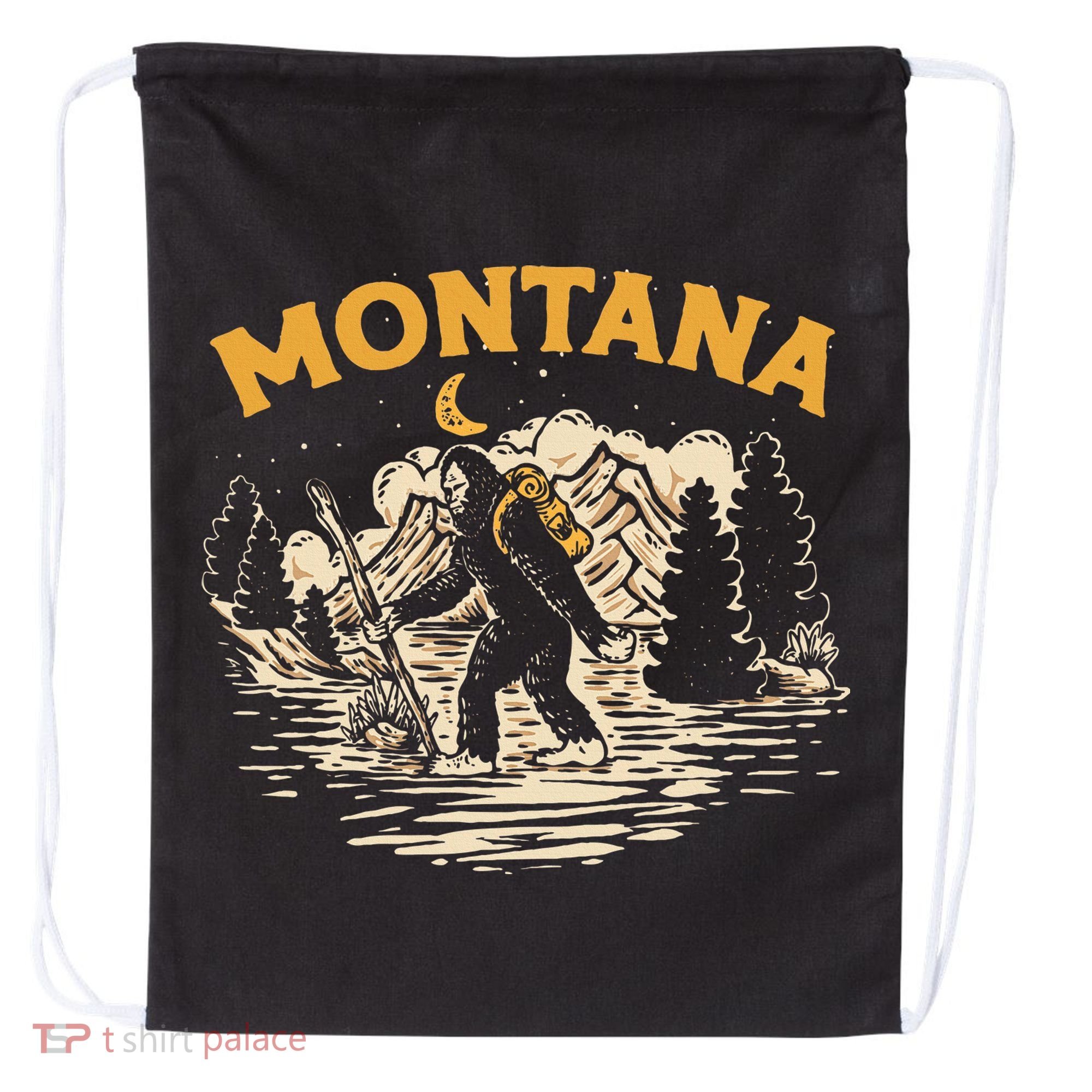 Montana Hiking Bigfoot Nighttime Stroll Mountains & Stars Drawstring Bag