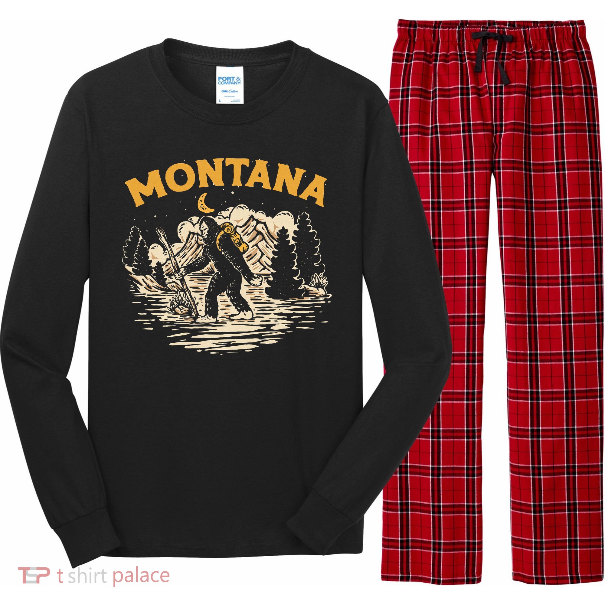 Montana Hiking Bigfoot Nighttime Stroll Mountains & Stars Long Sleeve Pajama Set