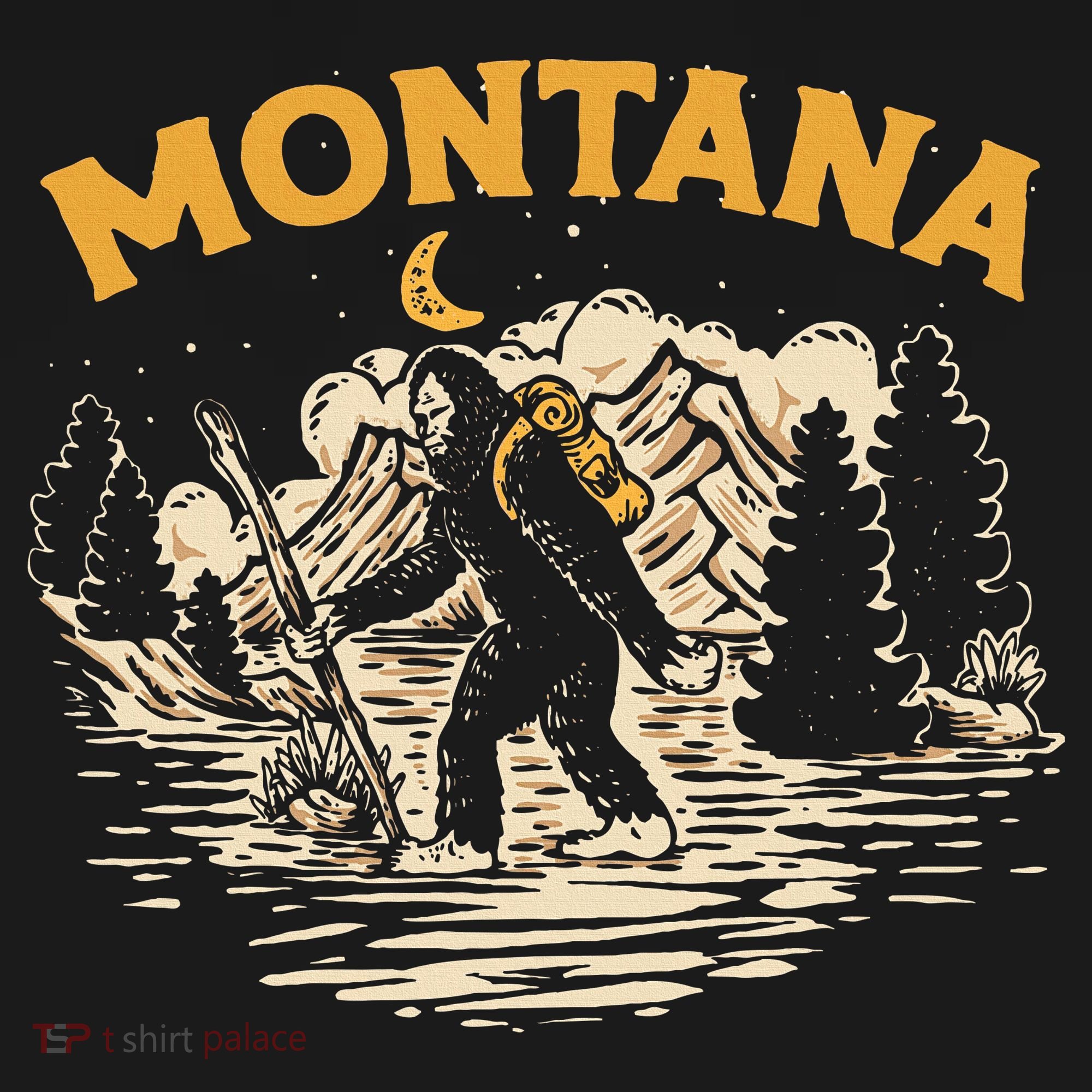 Montana Hiking Bigfoot Nighttime Stroll Mountains & Stars Long Sleeve Pajama Set