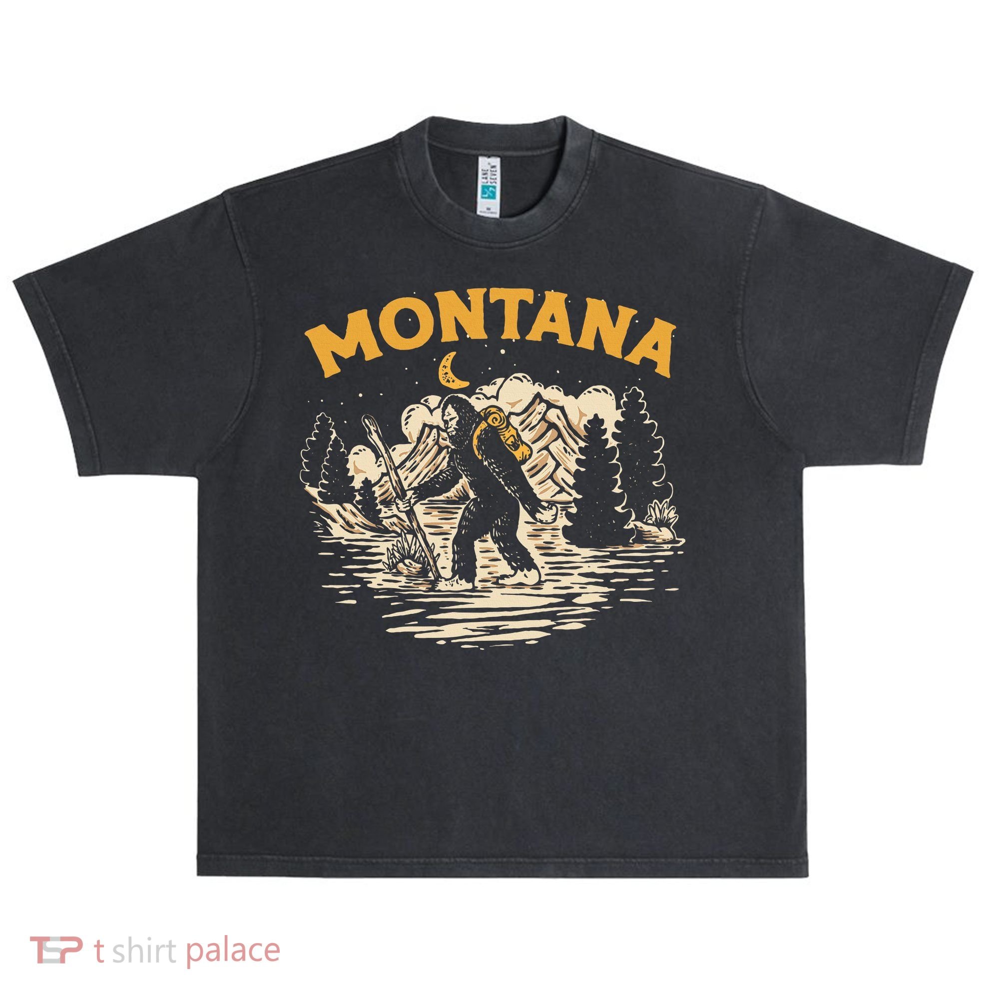 Montana Hiking Bigfoot Nighttime Stroll Mountains & Stars Urban Oversized Heavyweight T-Shirt