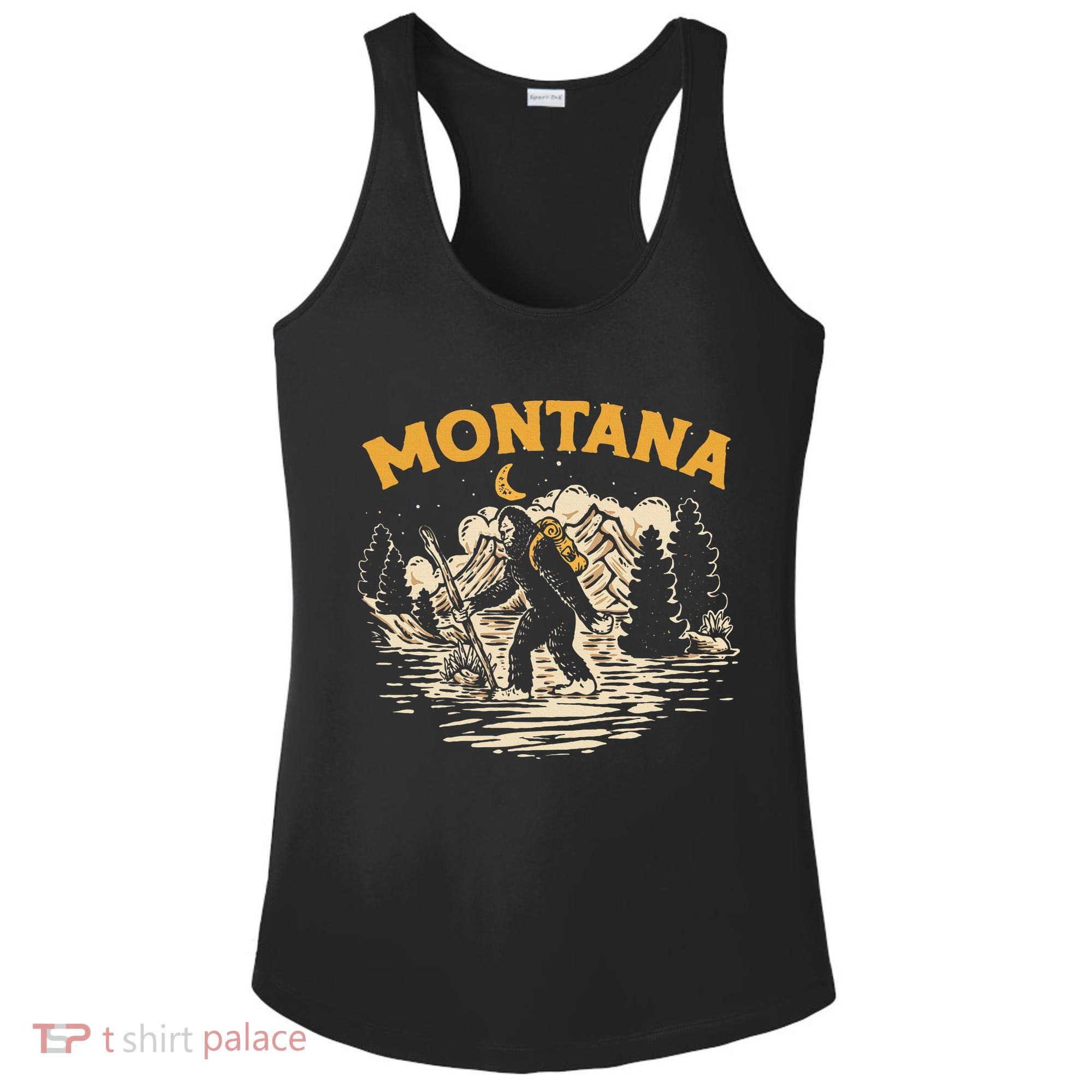 Montana Hiking Bigfoot Nighttime Stroll Mountains & Stars Ladies PosiCharge Competitor Racerback Tank