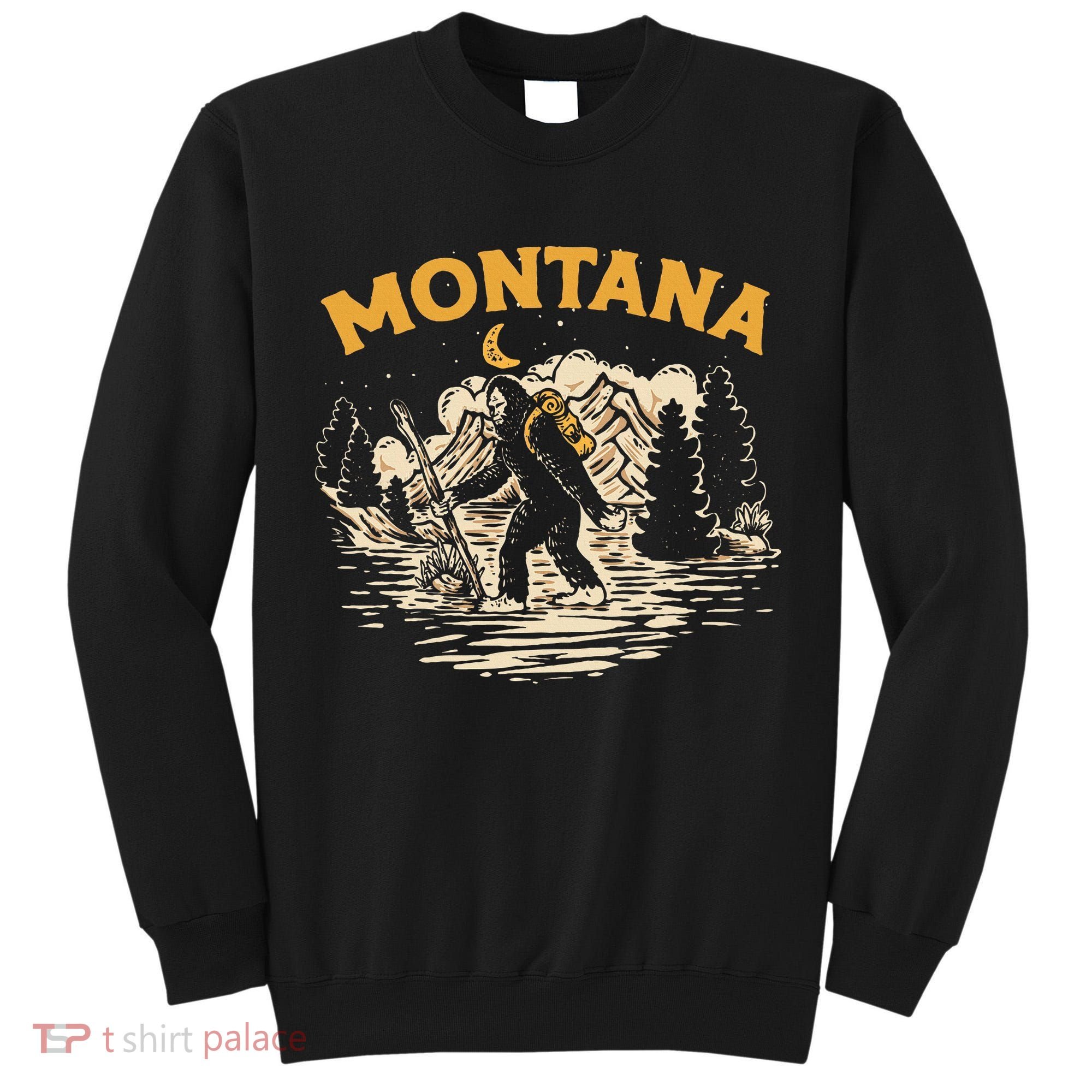 Montana Hiking Bigfoot Nighttime Stroll Mountains & Stars Tall Sweatshirt