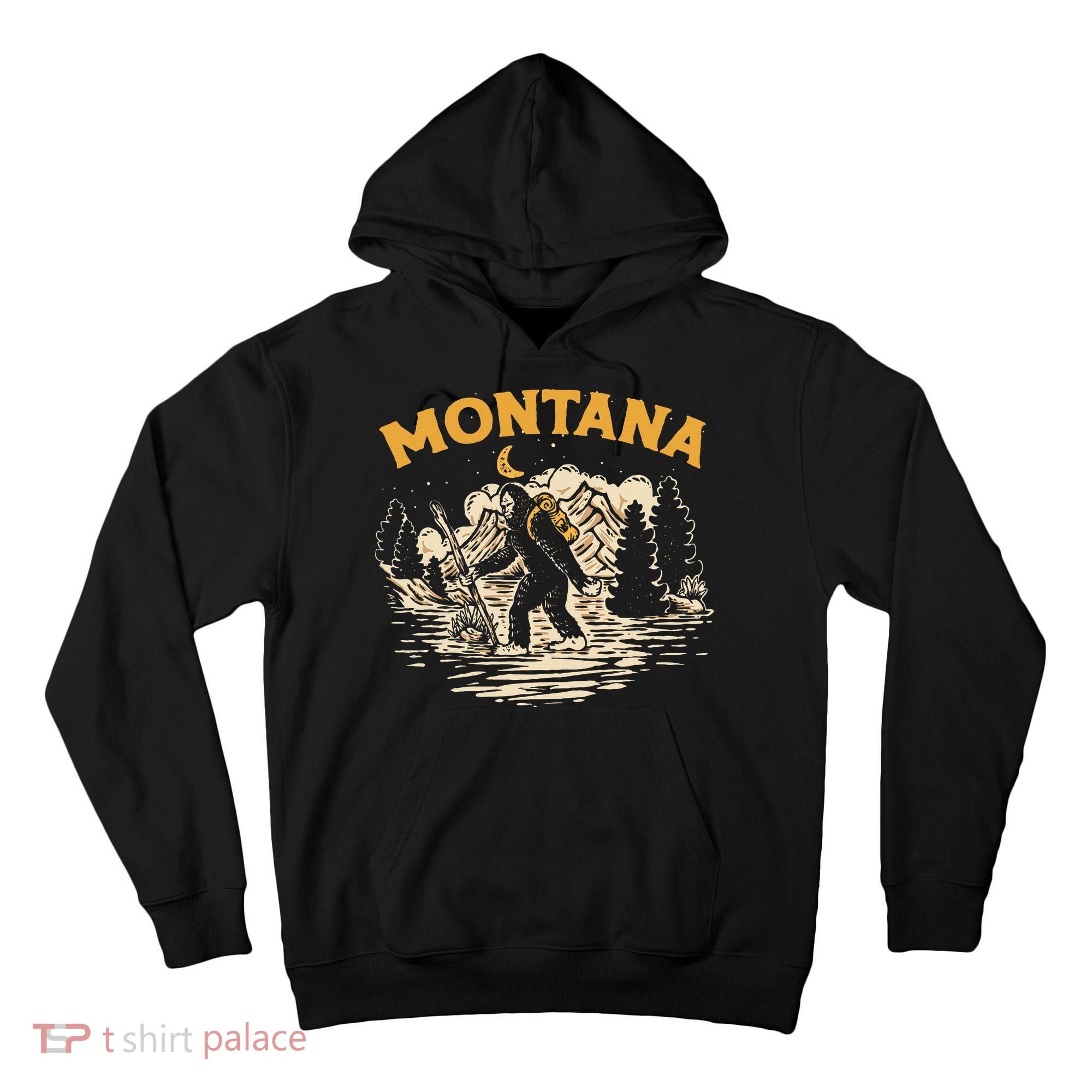 Montana Hiking Bigfoot Nighttime Stroll Mountains & Stars Tall Hoodie