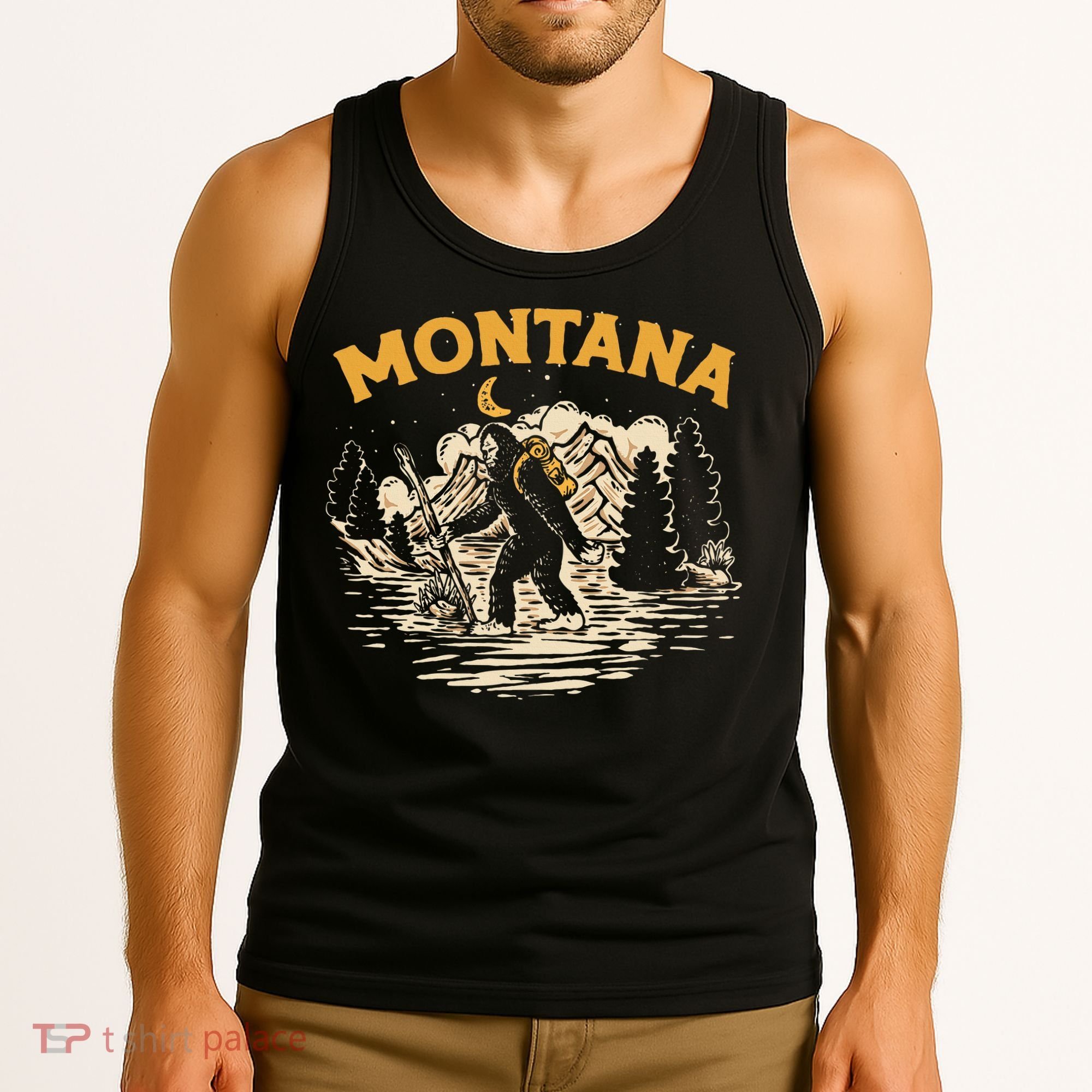 Montana Hiking Bigfoot Nighttime Stroll Mountains & Stars Tank Top