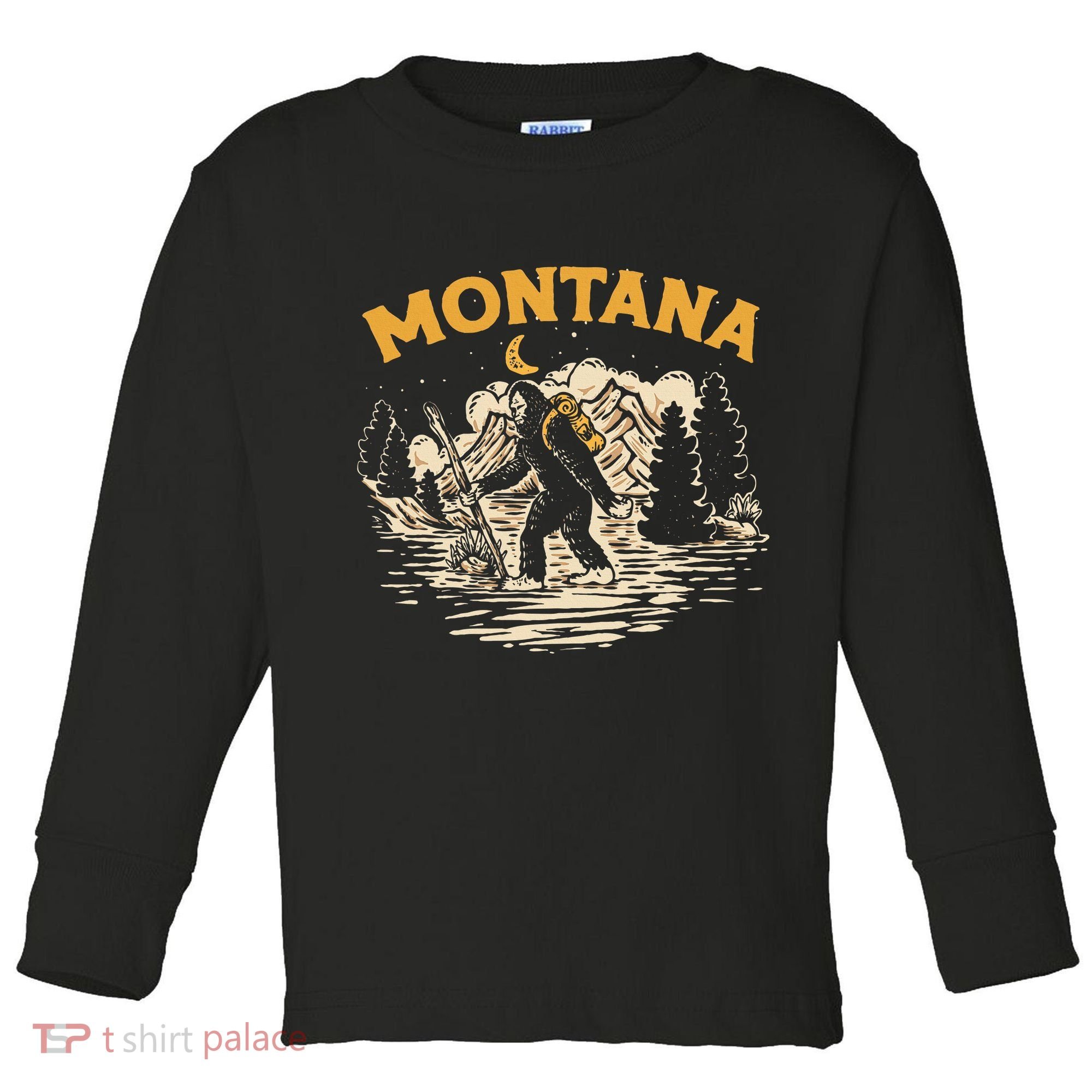 Montana Hiking Bigfoot Nighttime Stroll Mountains & Stars Toddler Long Sleeve Shirt