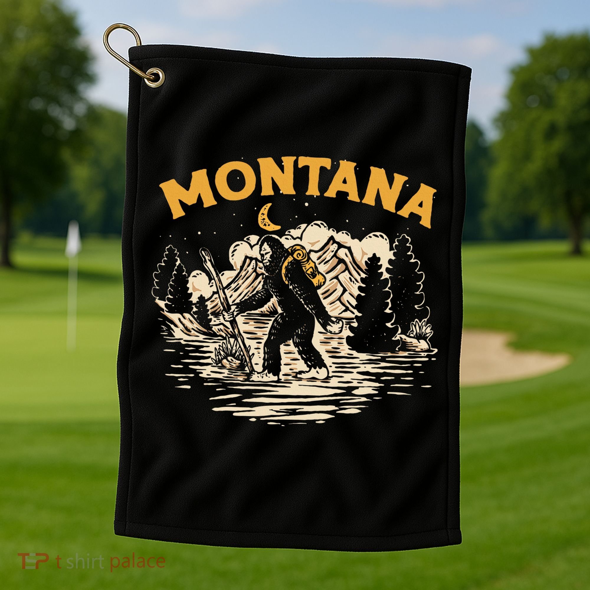 Montana Hiking Bigfoot Nighttime Stroll Mountains & Stars Golf Towel