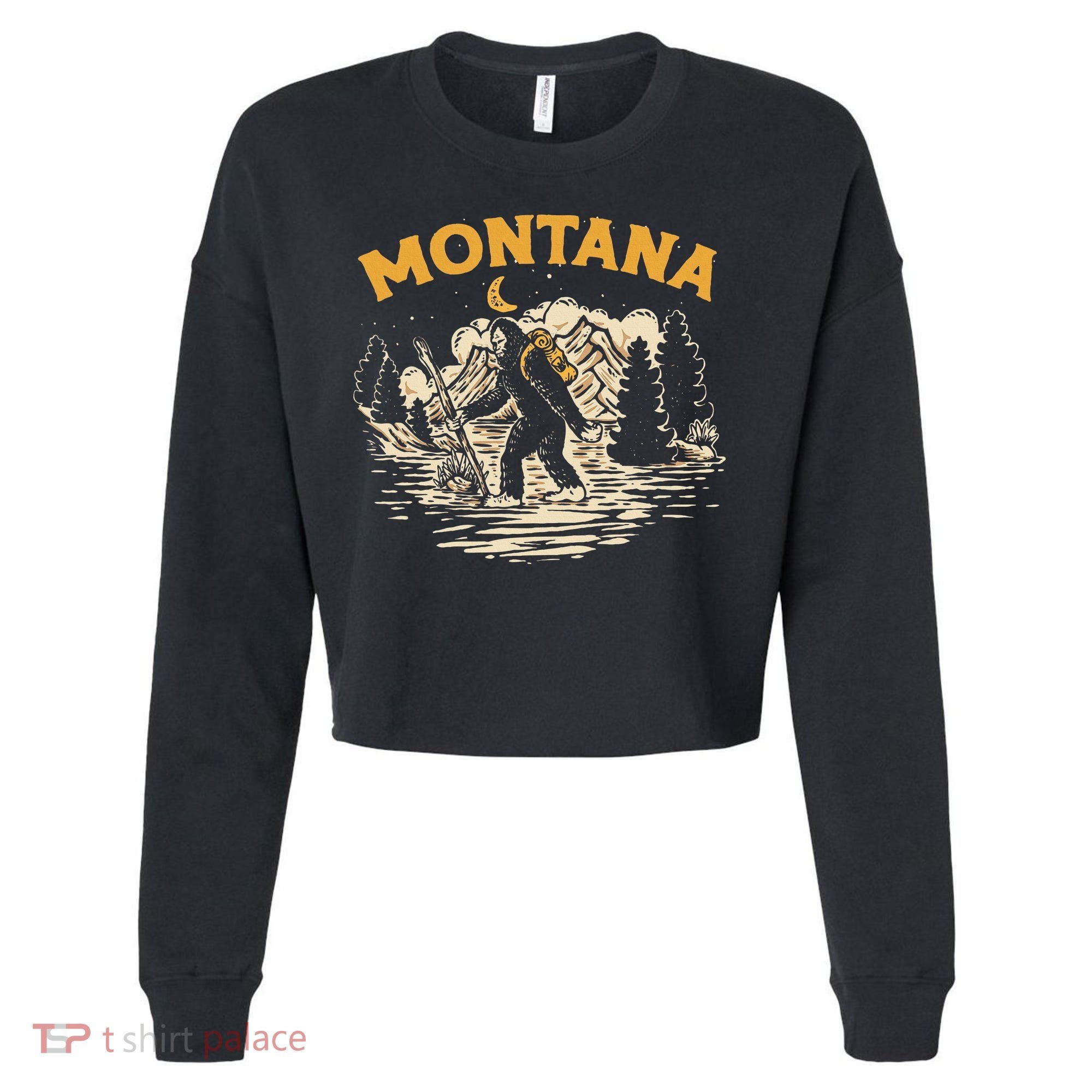 Montana Hiking Bigfoot Nighttime Stroll Mountains & Stars Cropped Pullover Crew