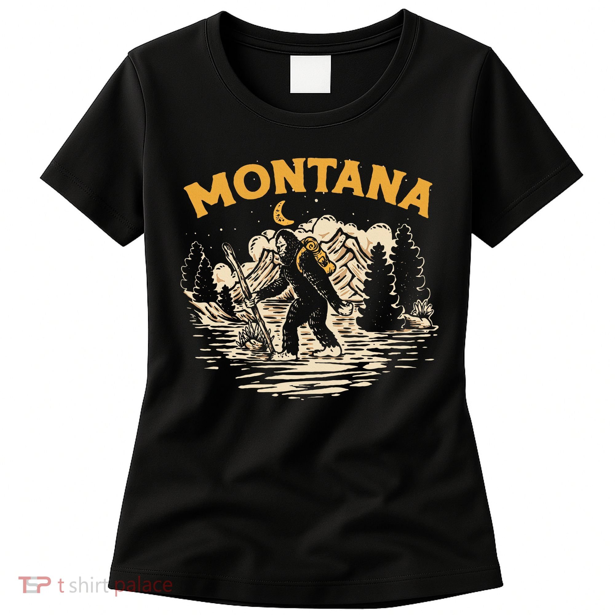 Montana Hiking Bigfoot Nighttime Stroll Mountains & Stars Women's T-Shirt