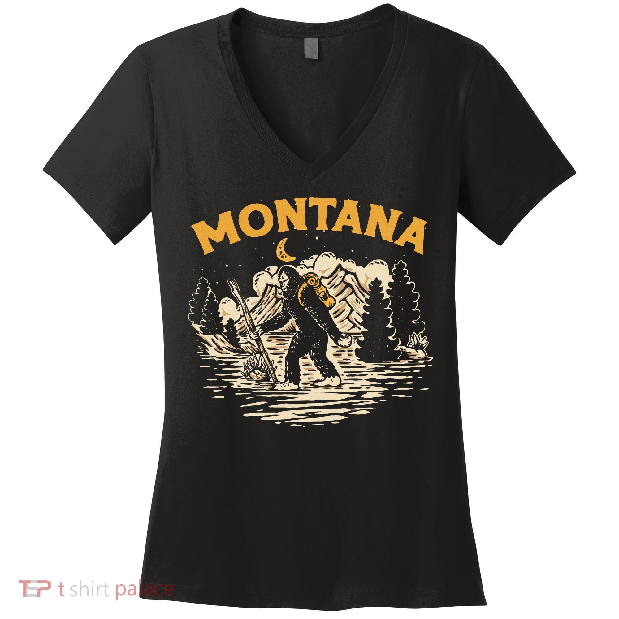 Montana Hiking Bigfoot Nighttime Stroll Mountains & Stars Women's V-Neck T-Shirt