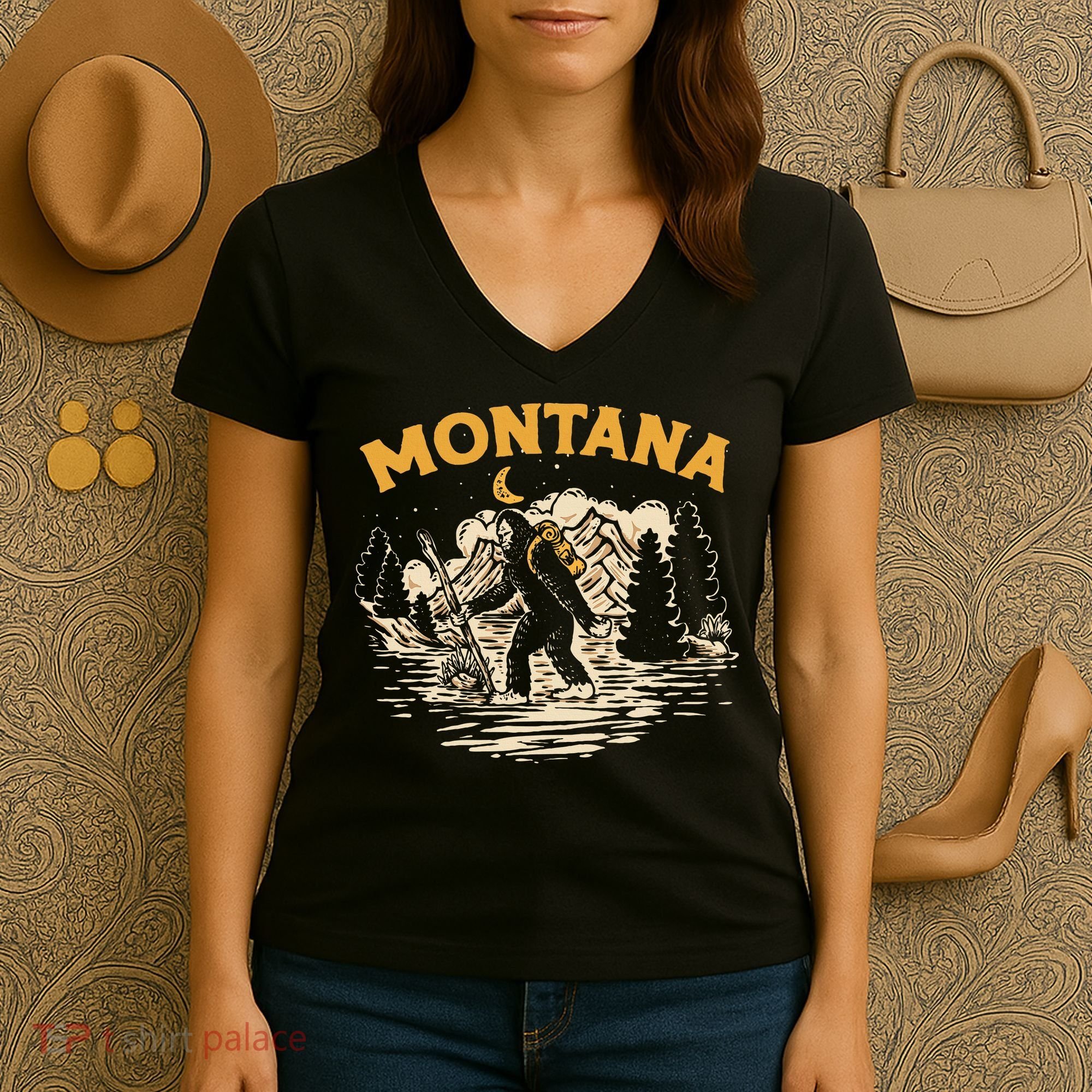 Montana Hiking Bigfoot Nighttime Stroll Mountains & Stars Women's V-Neck T-Shirt