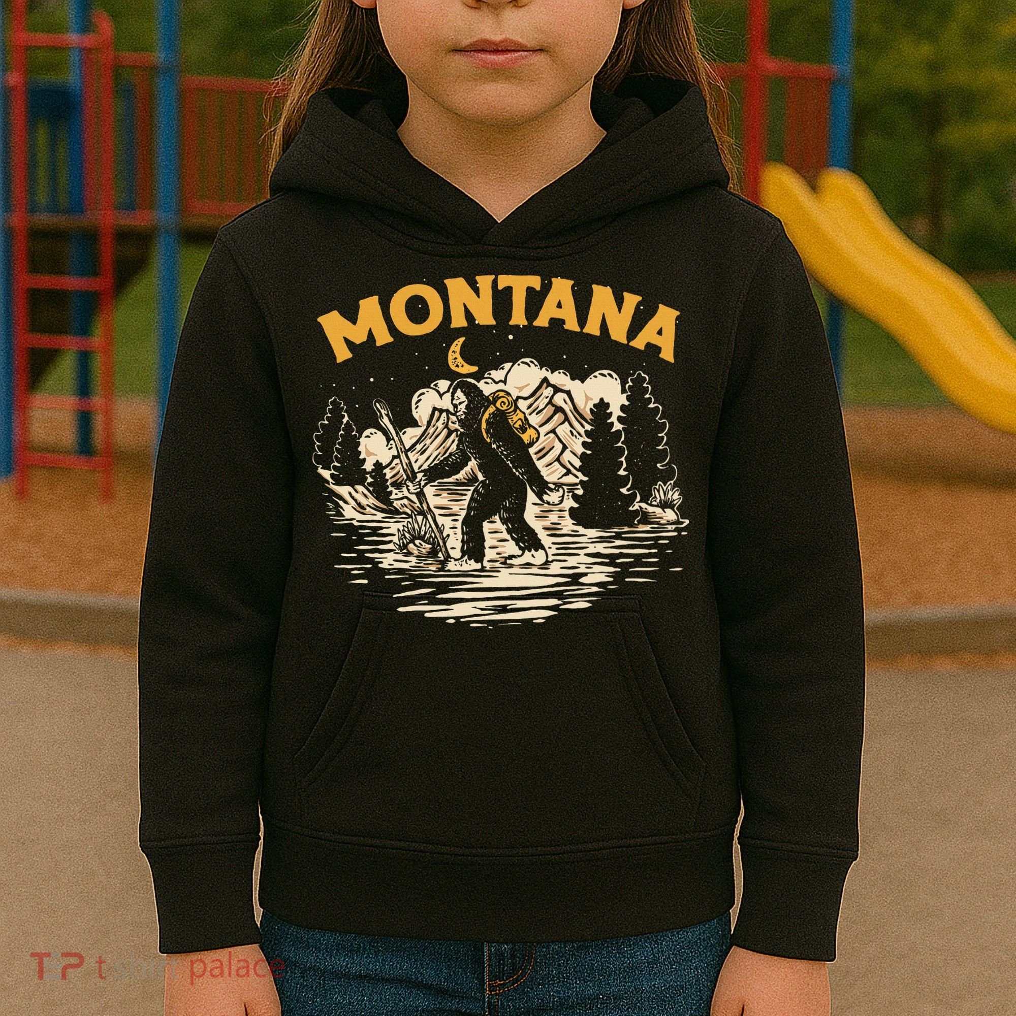 Montana Hiking Bigfoot Nighttime Stroll Mountains & Stars Kids Hoodie