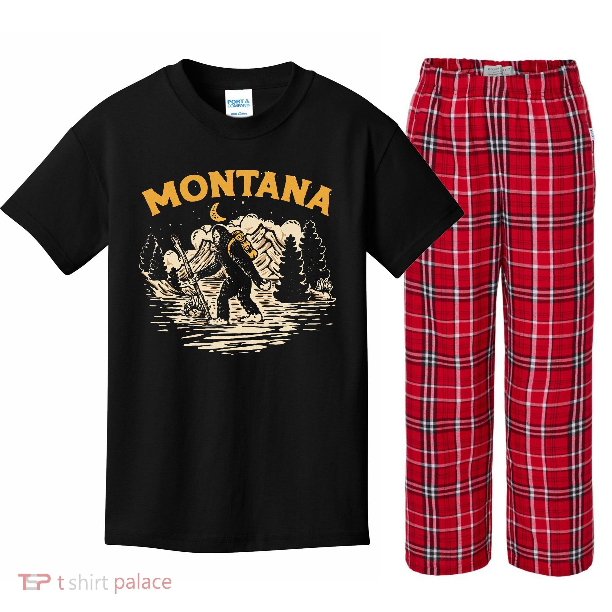 Montana Hiking Bigfoot Nighttime Stroll Mountains & Stars Kids Plaid Pajama Set