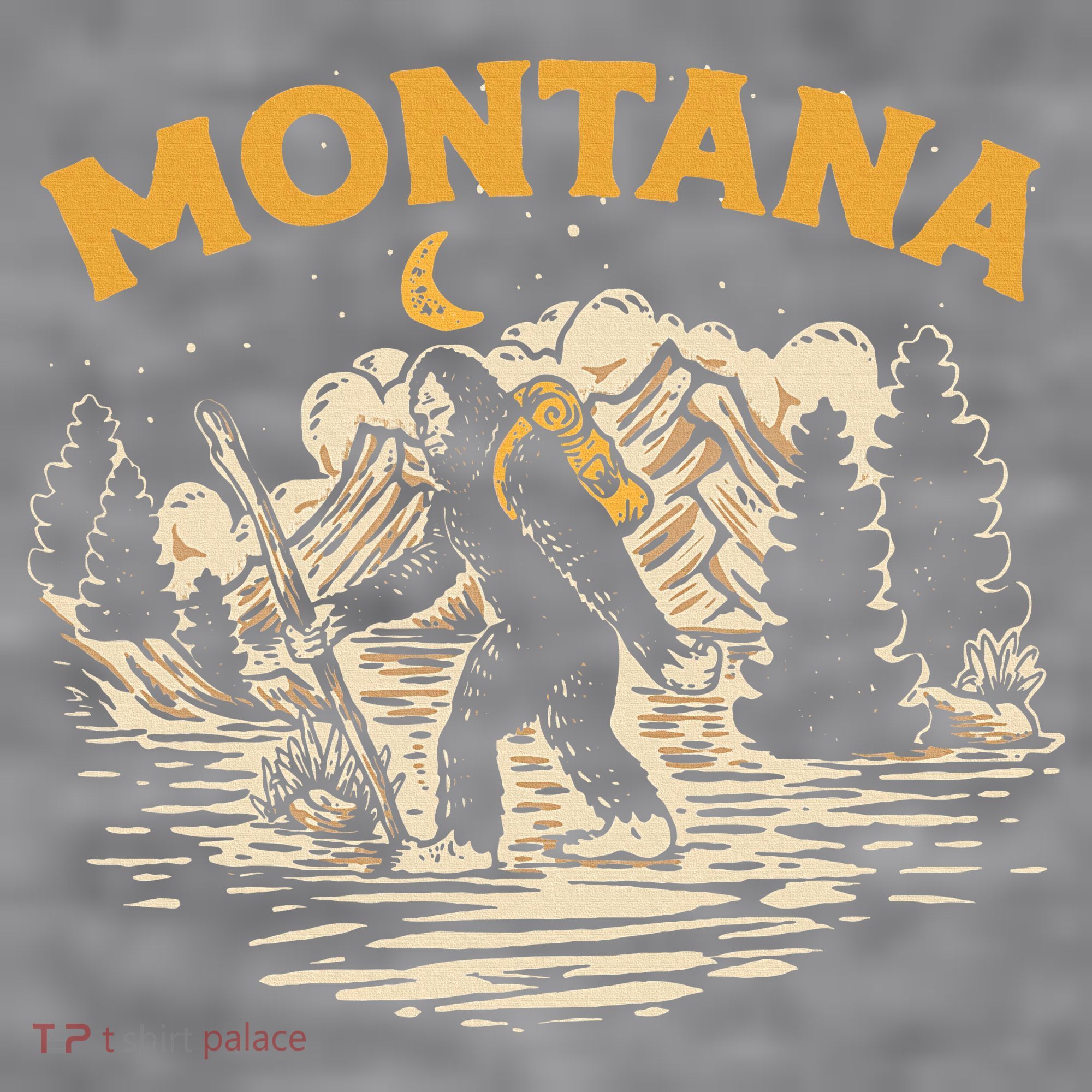 Montana Hiking Bigfoot Nighttime Stroll Mountains & Stars Women's Racerback Cropped Tank