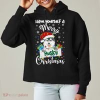 Merry Husky Christmas Siberian Husky Xmas Party Gift Ladies Heavyweight Boxy Pullover Hoodie thumb 0