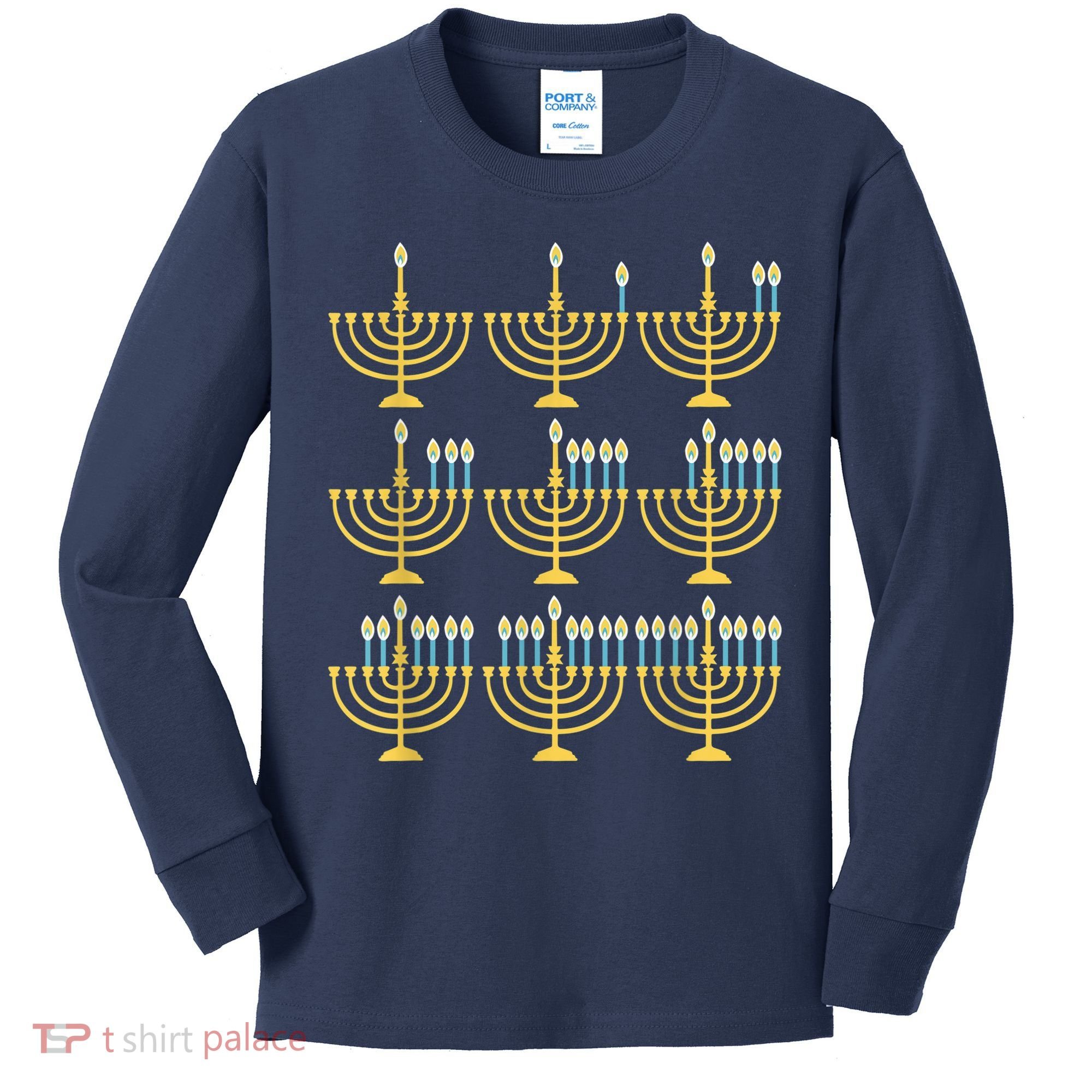 Menorah Hanukkah Challah Days Funny Pajama Family Matching Kids Long Sleeve Shirt