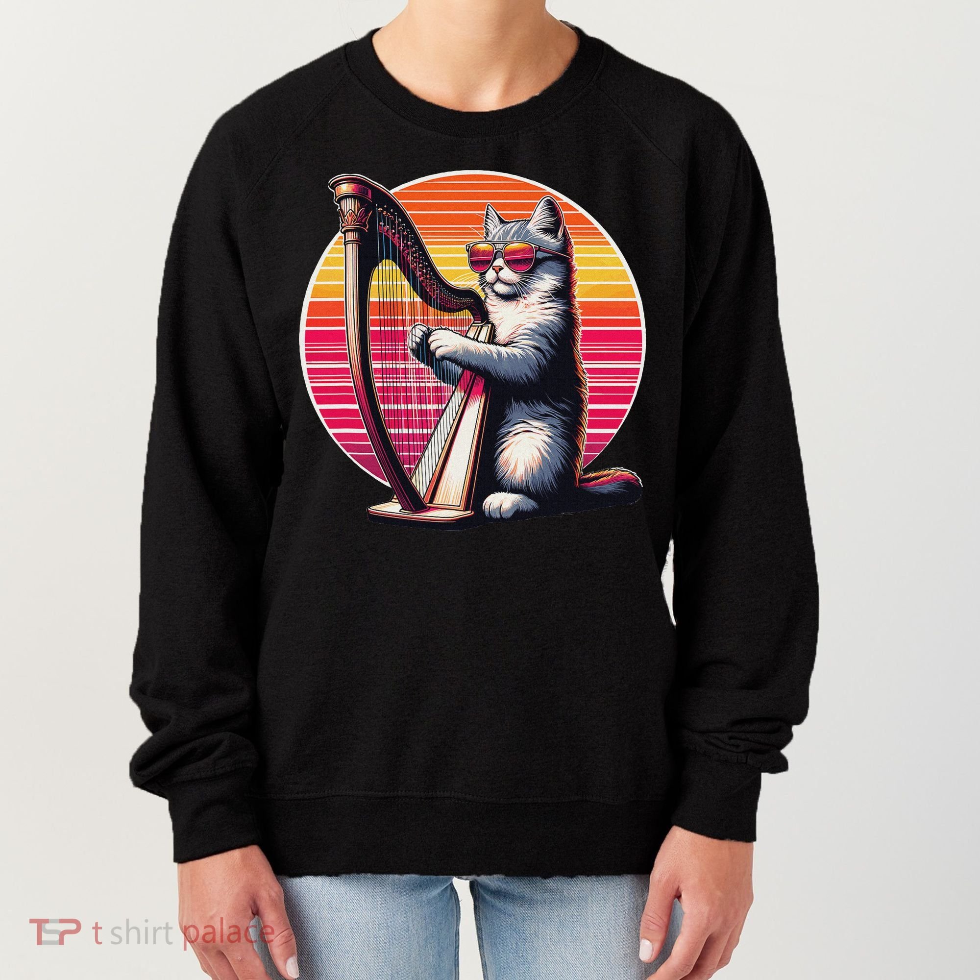 Musician Harpist Cat Wearing Sunglasses Cat Playing Harp Women's Sweatshirt