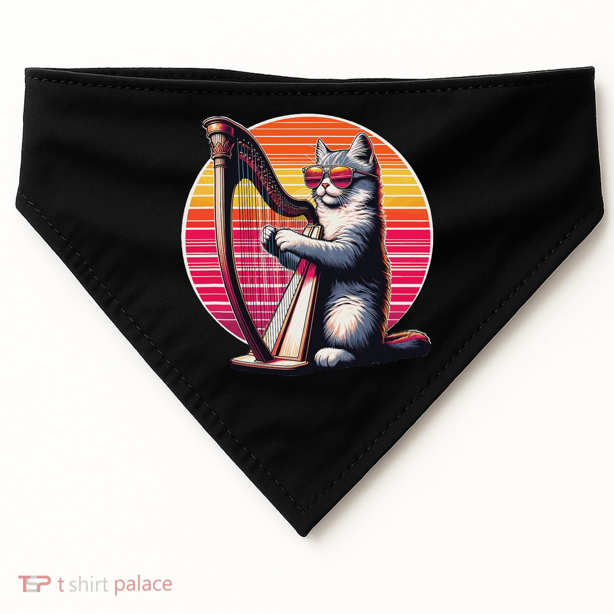 Musician Harpist Cat Wearing Sunglasses Cat Playing Harp USA-Made Doggie Bandana