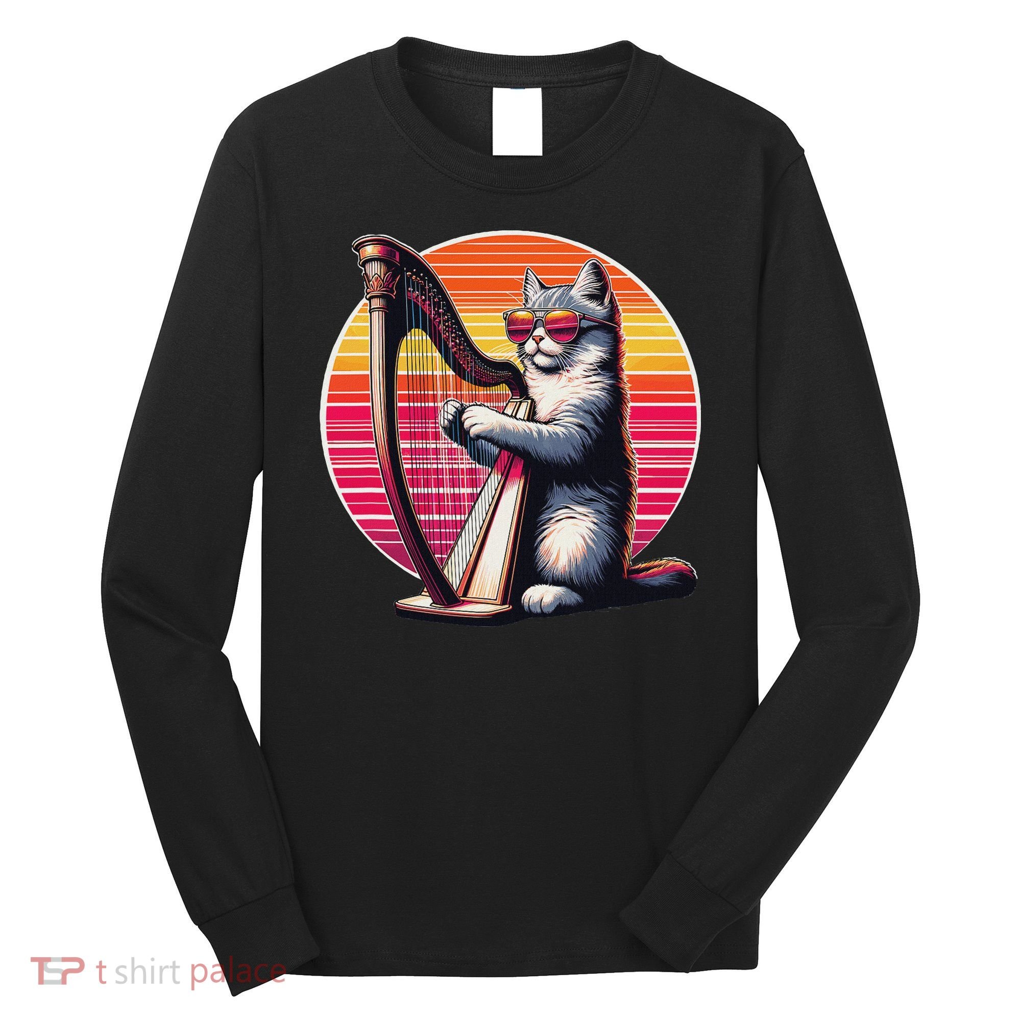 Musician Harpist Cat Wearing Sunglasses Cat Playing Harp Long Sleeve Shirt