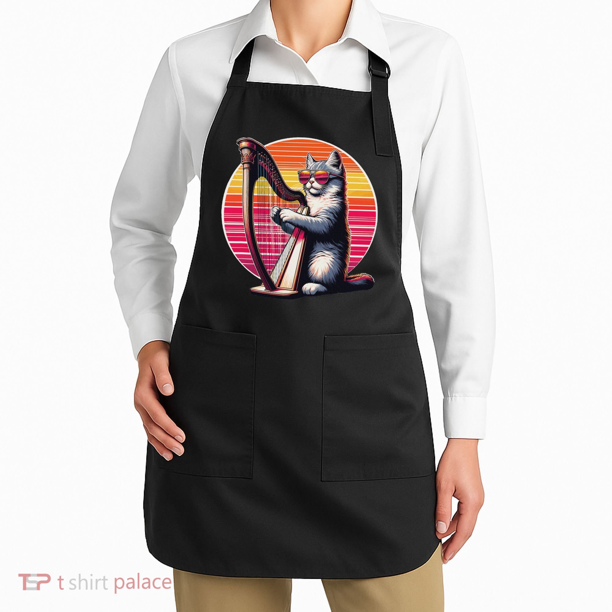 Musician Harpist Cat Wearing Sunglasses Cat Playing Harp Apron
