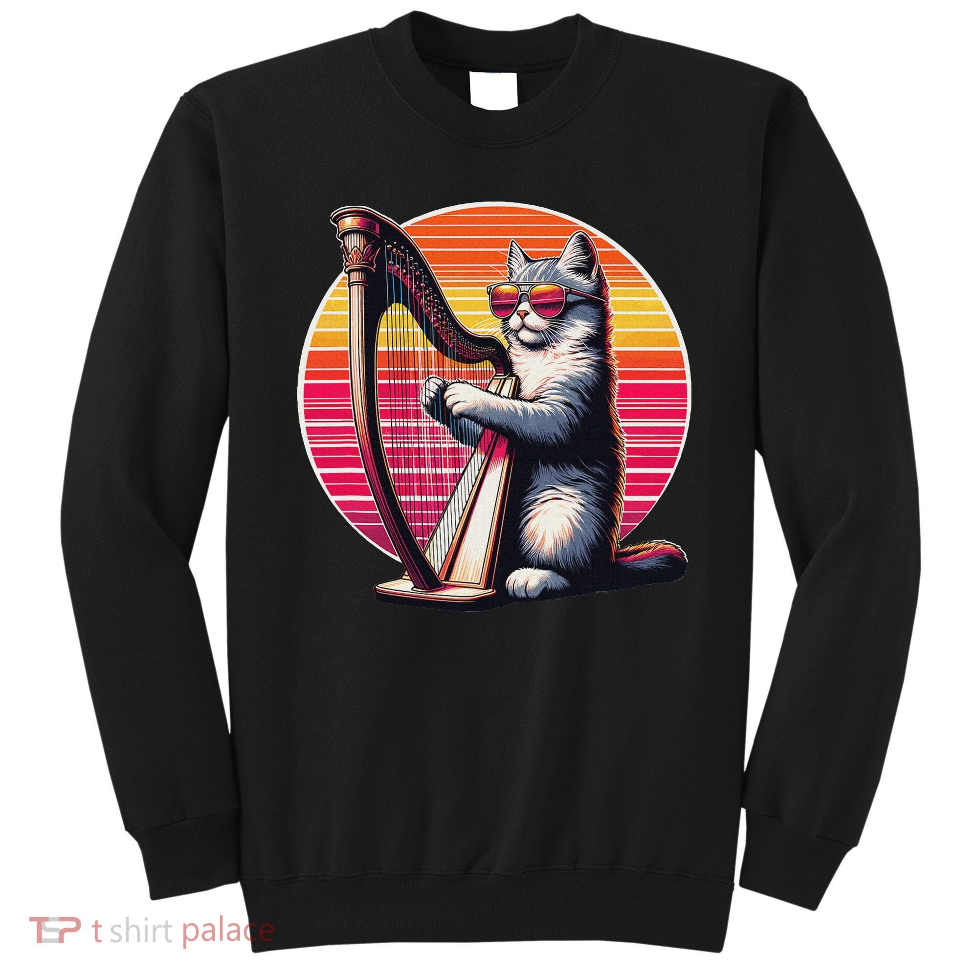 Musician Harpist Cat Wearing Sunglasses Cat Playing Harp Sweatshirt