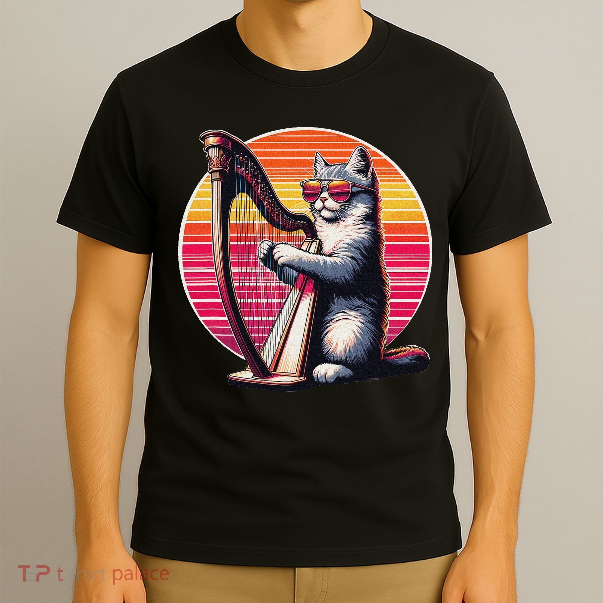 Musician Harpist Cat Wearing Sunglasses Cat Playing Harp T-Shirt