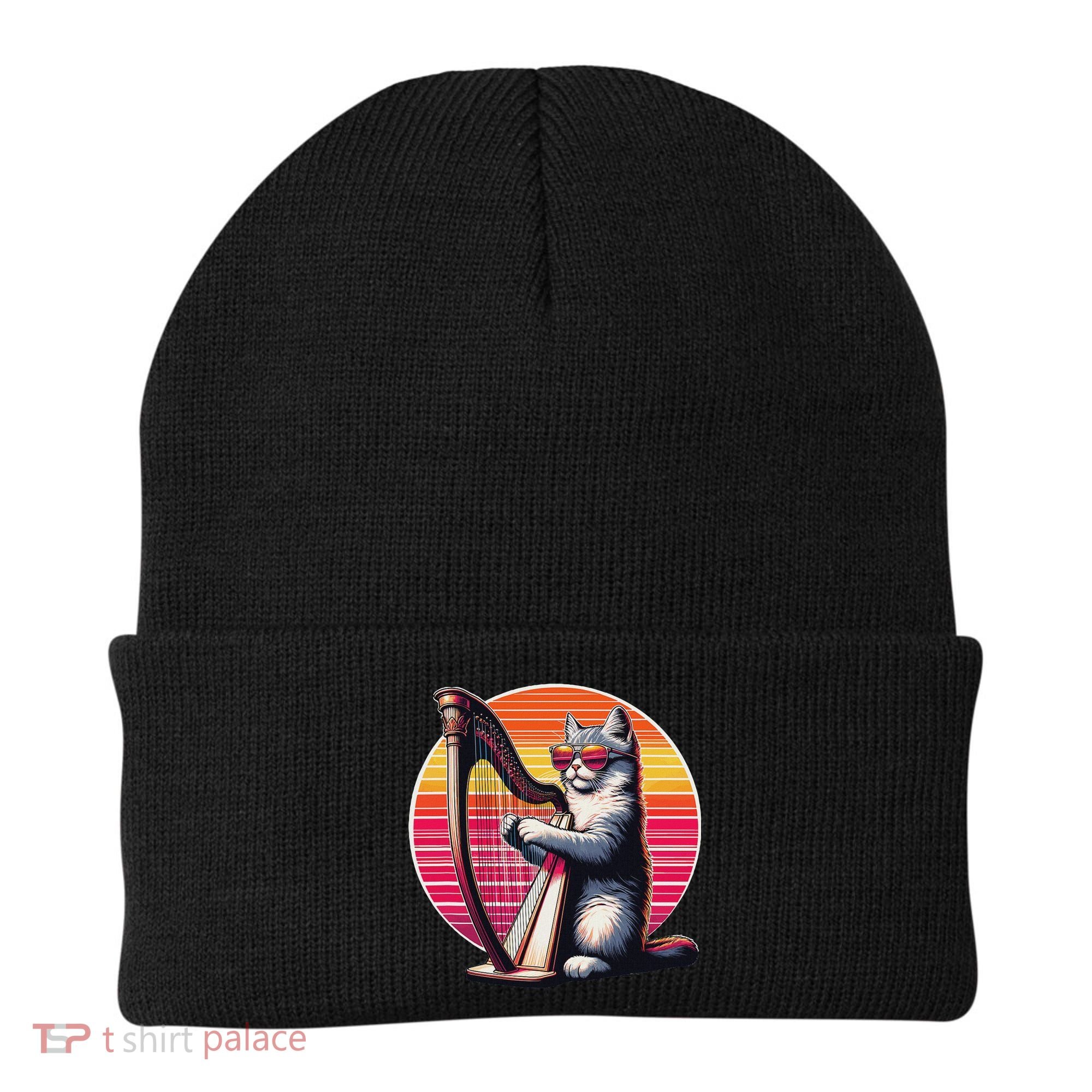 Musician Harpist Cat Wearing Sunglasses Cat Playing Harp Beanie