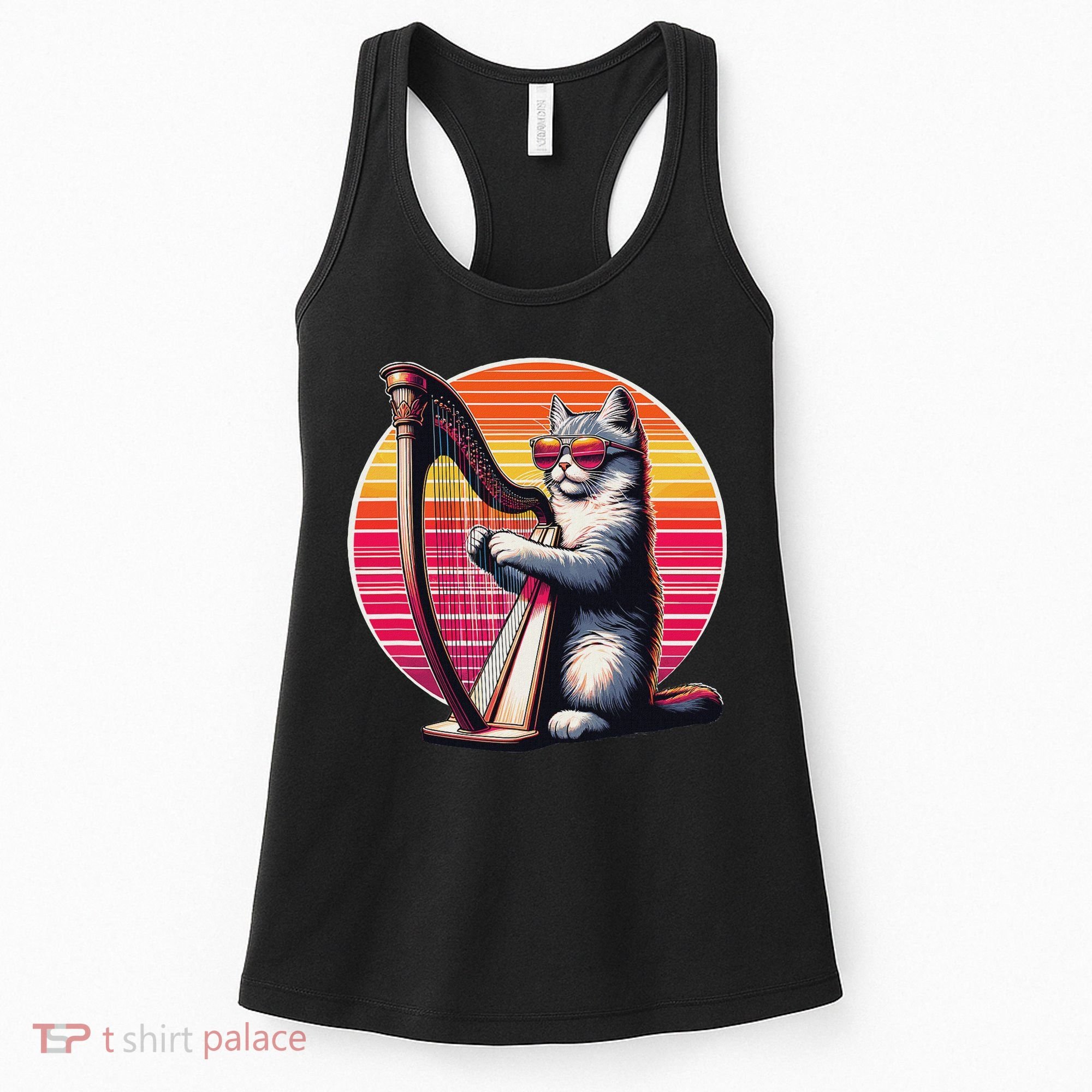Musician Harpist Cat Wearing Sunglasses Cat Playing Harp Women's Tank Top